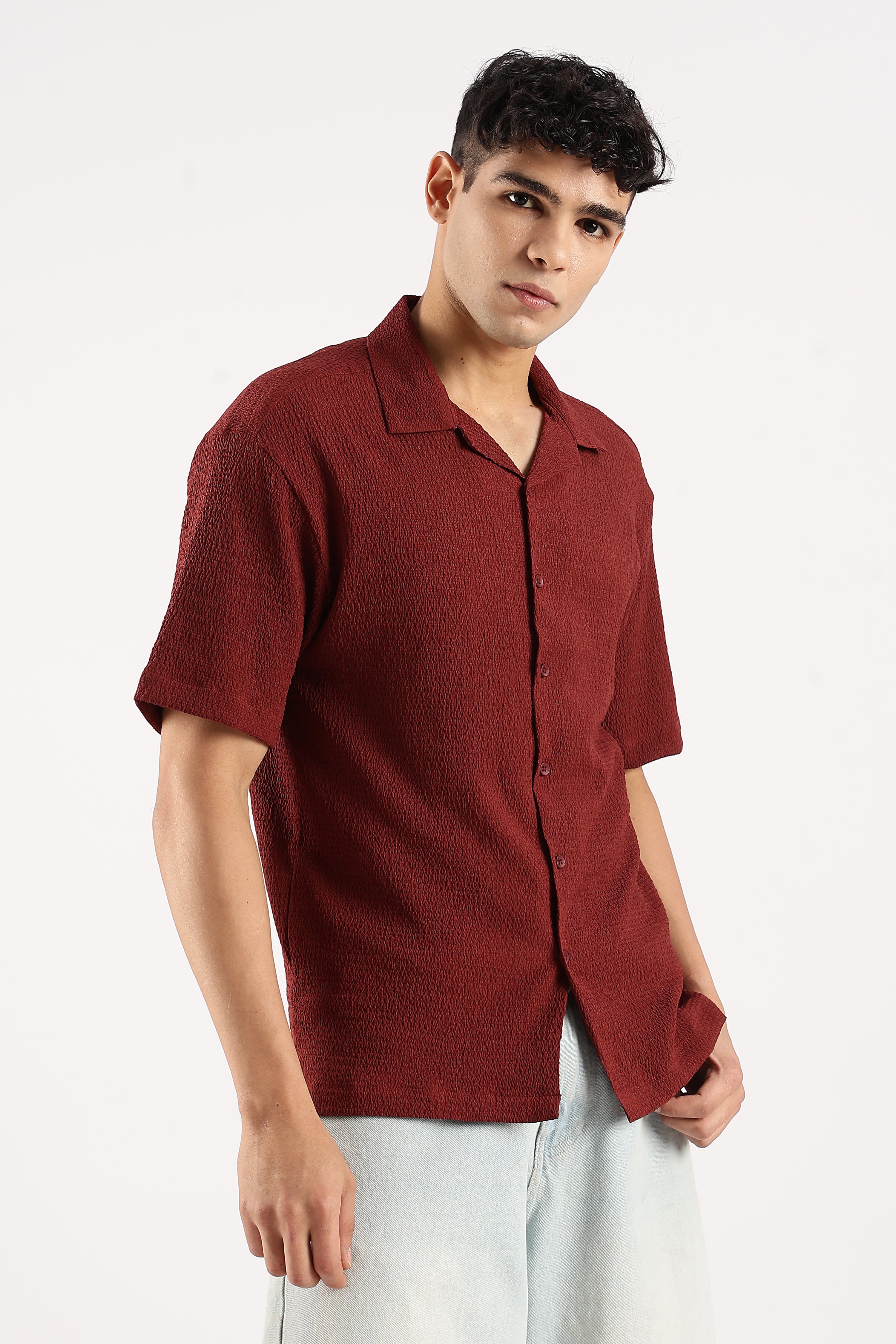 Men Maroon Poly Textured Shirt