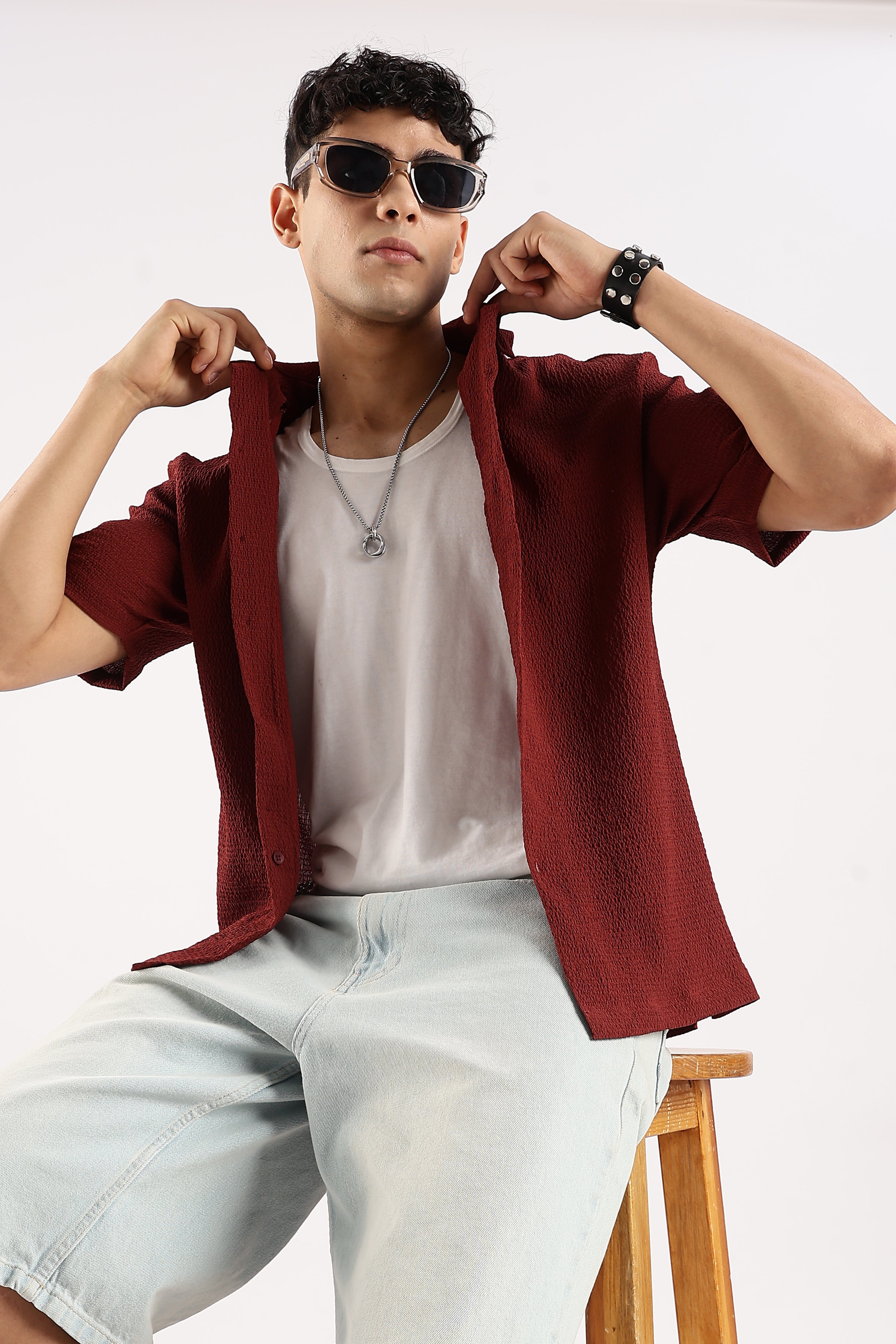 Men Maroon Poly Textured Shirt