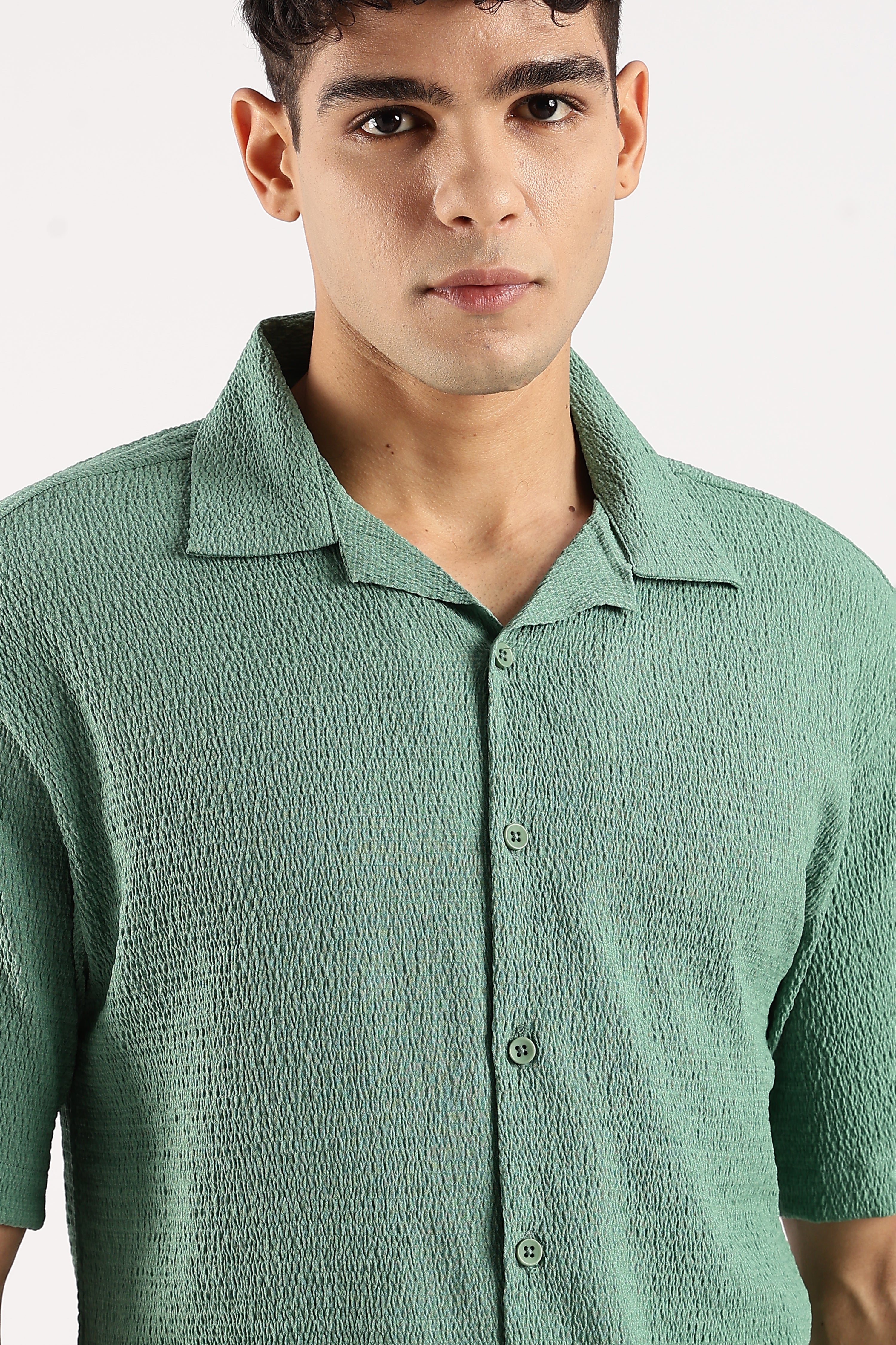 Men Green Poly Textured Shirt