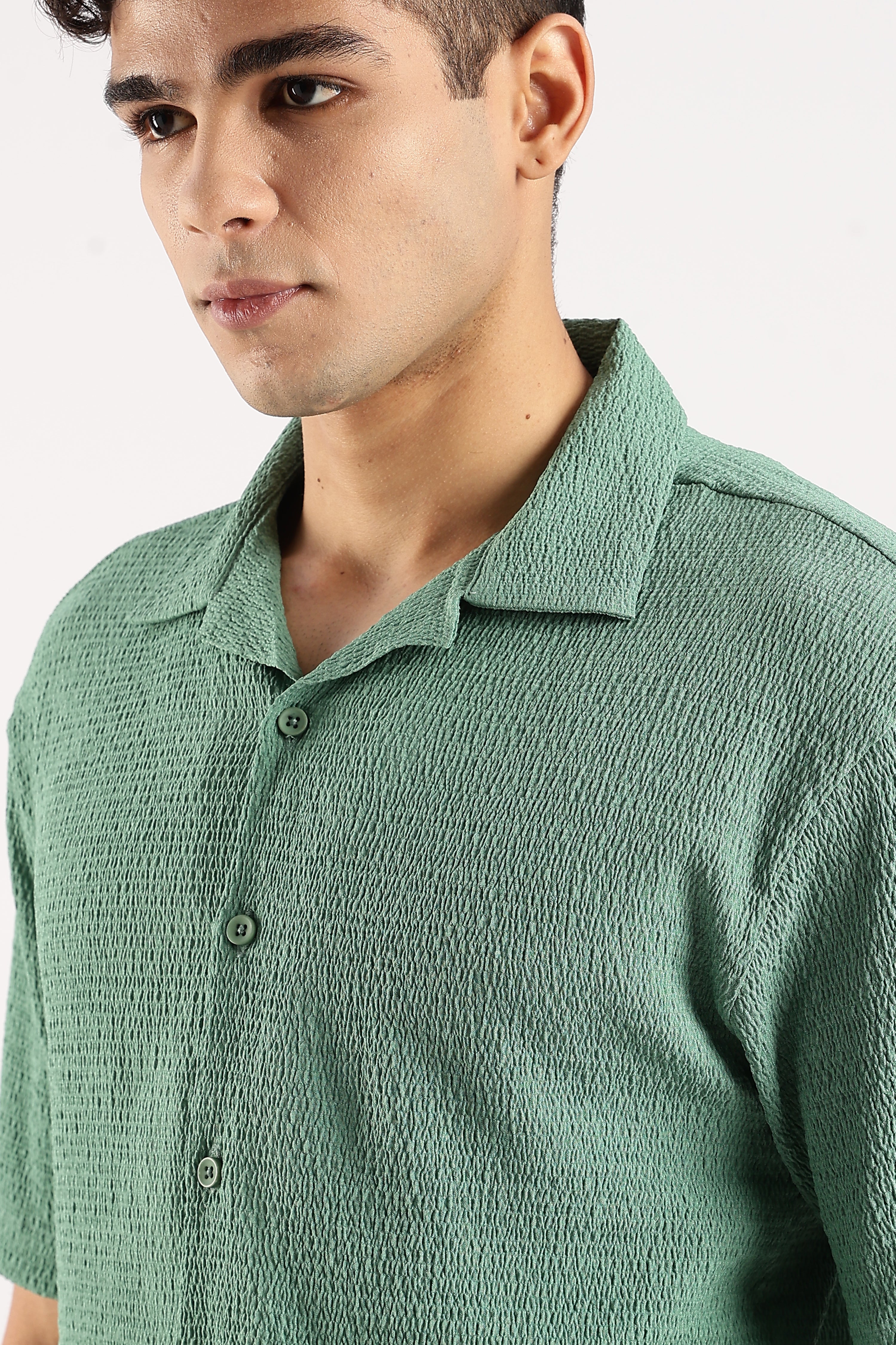 Men Green Poly Textured Shirt