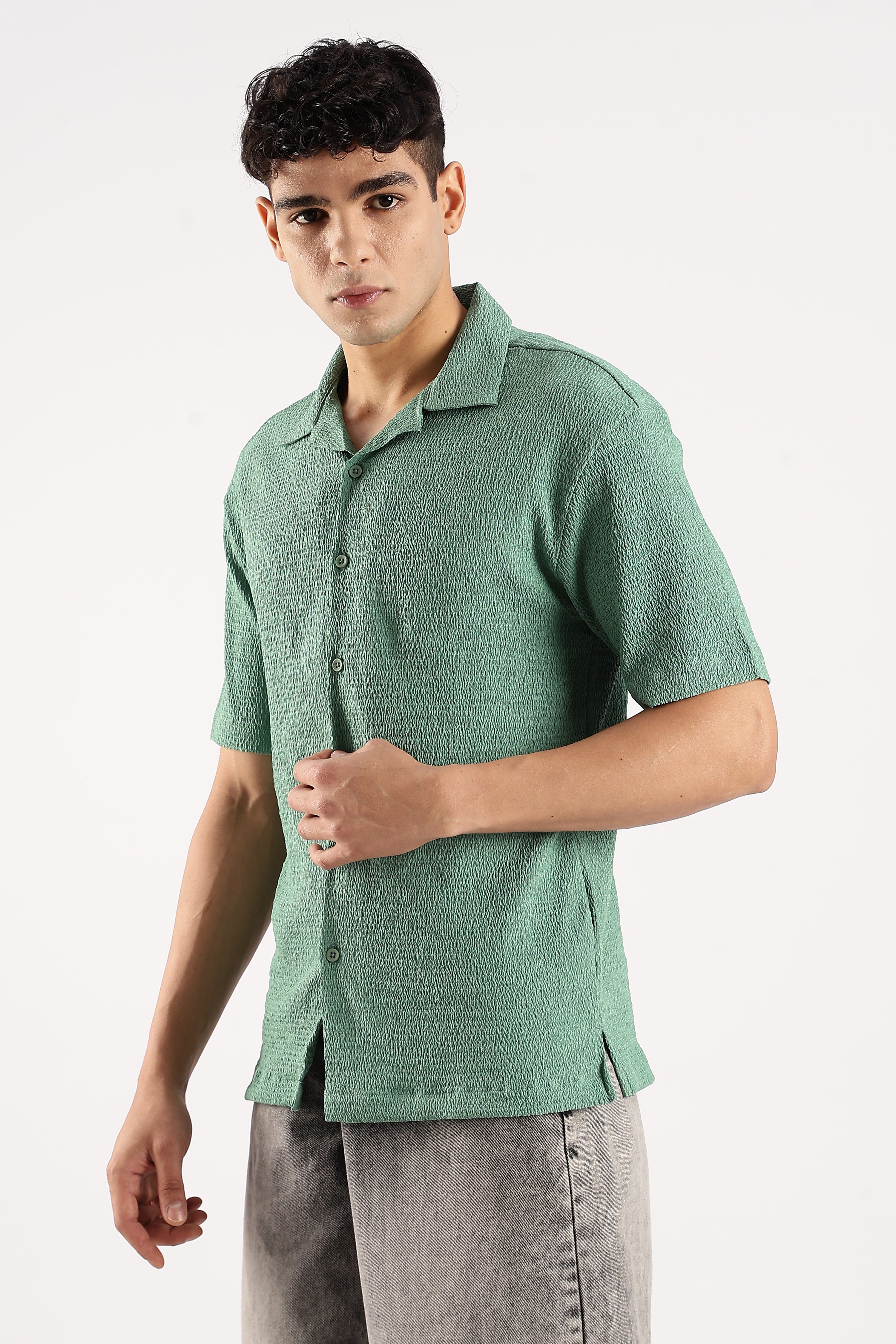 Men Green Poly Textured Shirt
