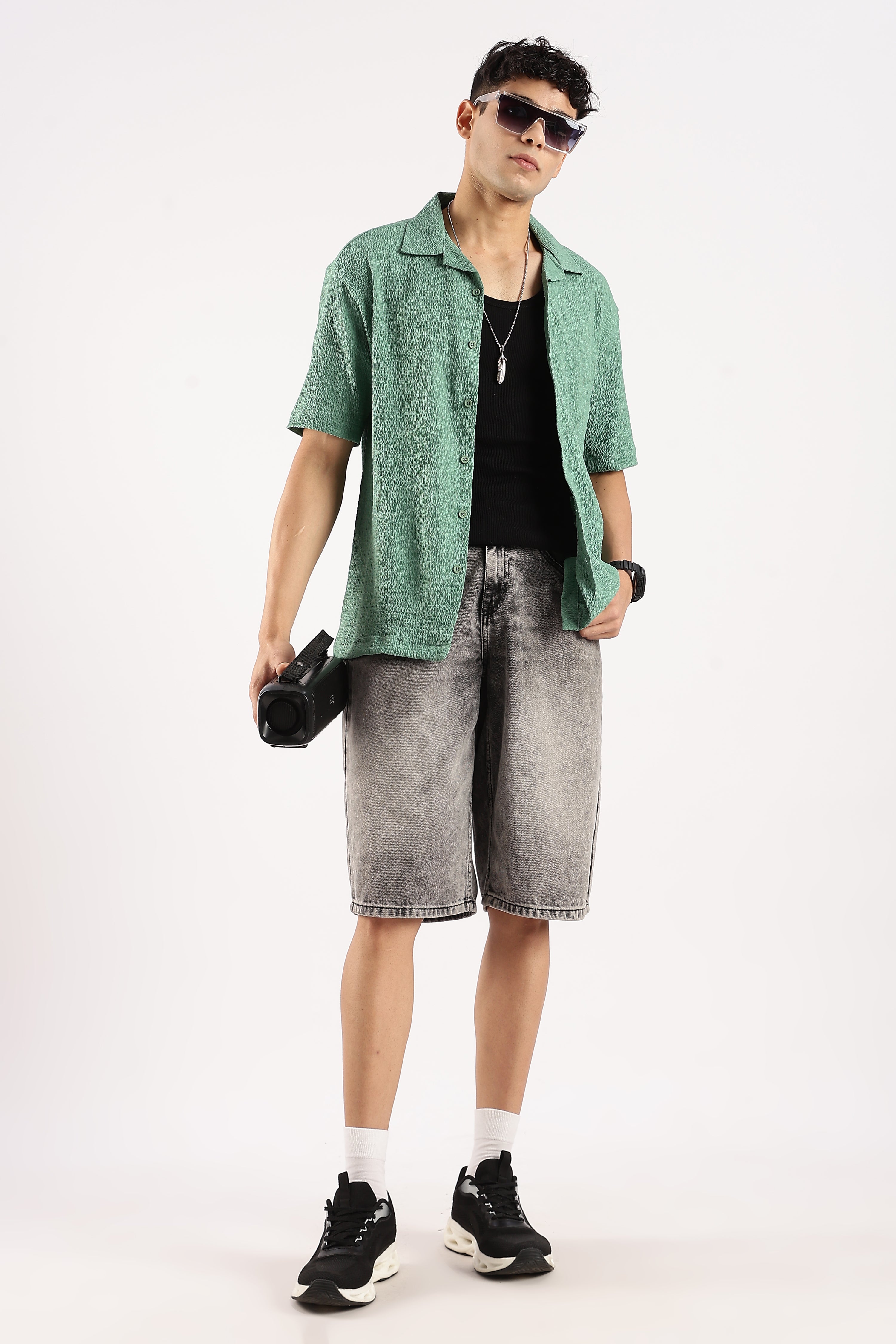 Men Green Poly Textured Shirt