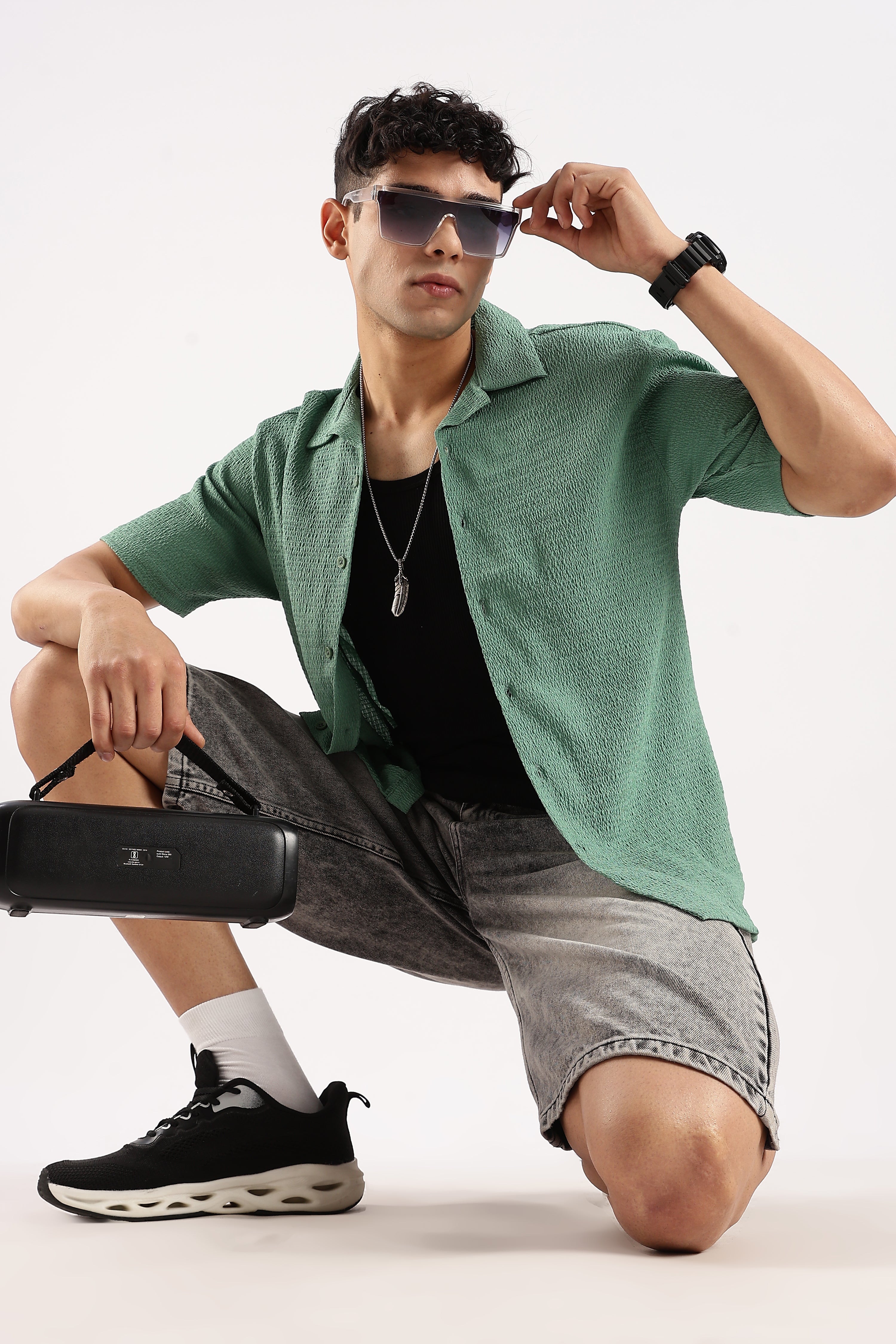 Men Green Poly Textured Shirt