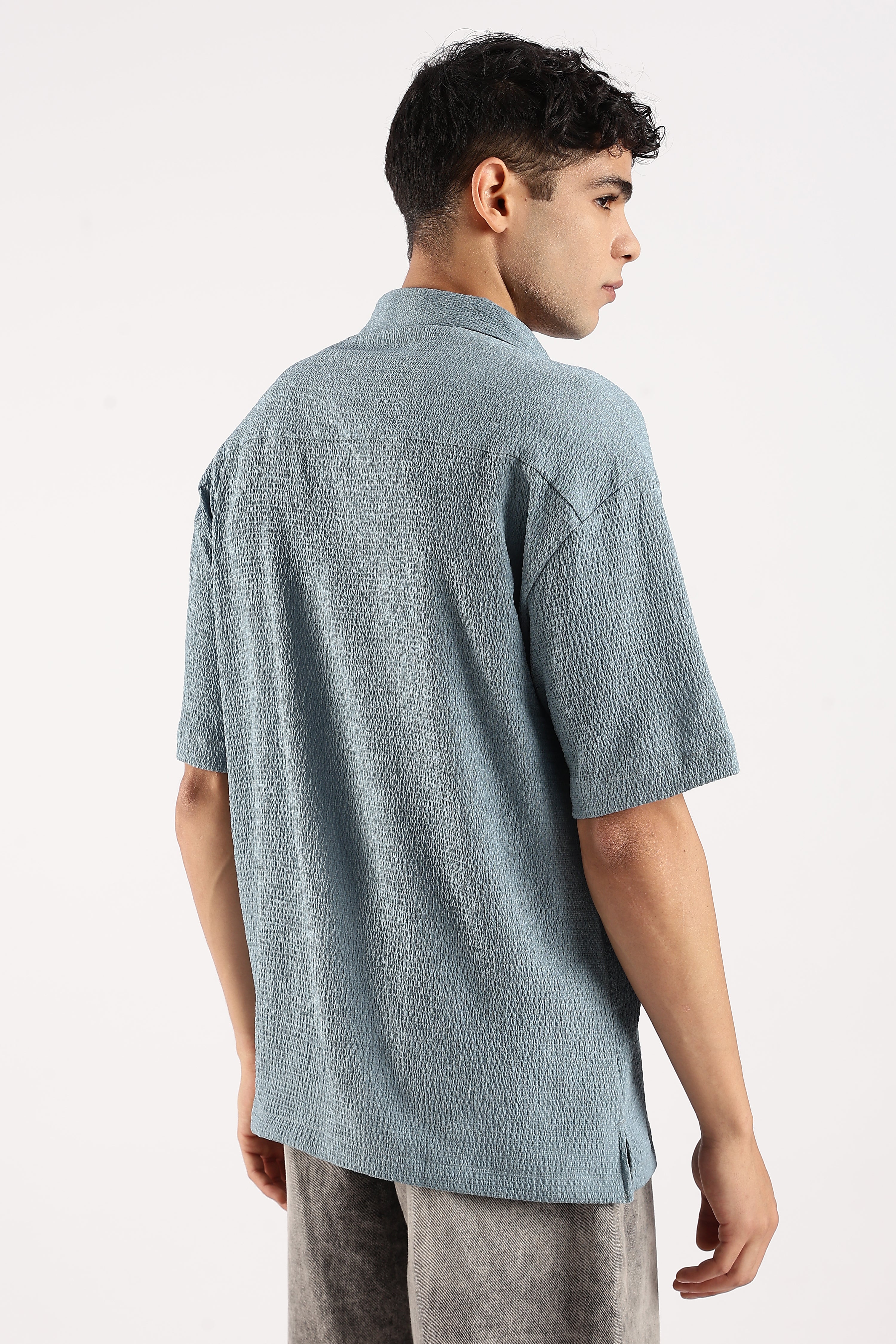Men Blue Poly Textured Shirt