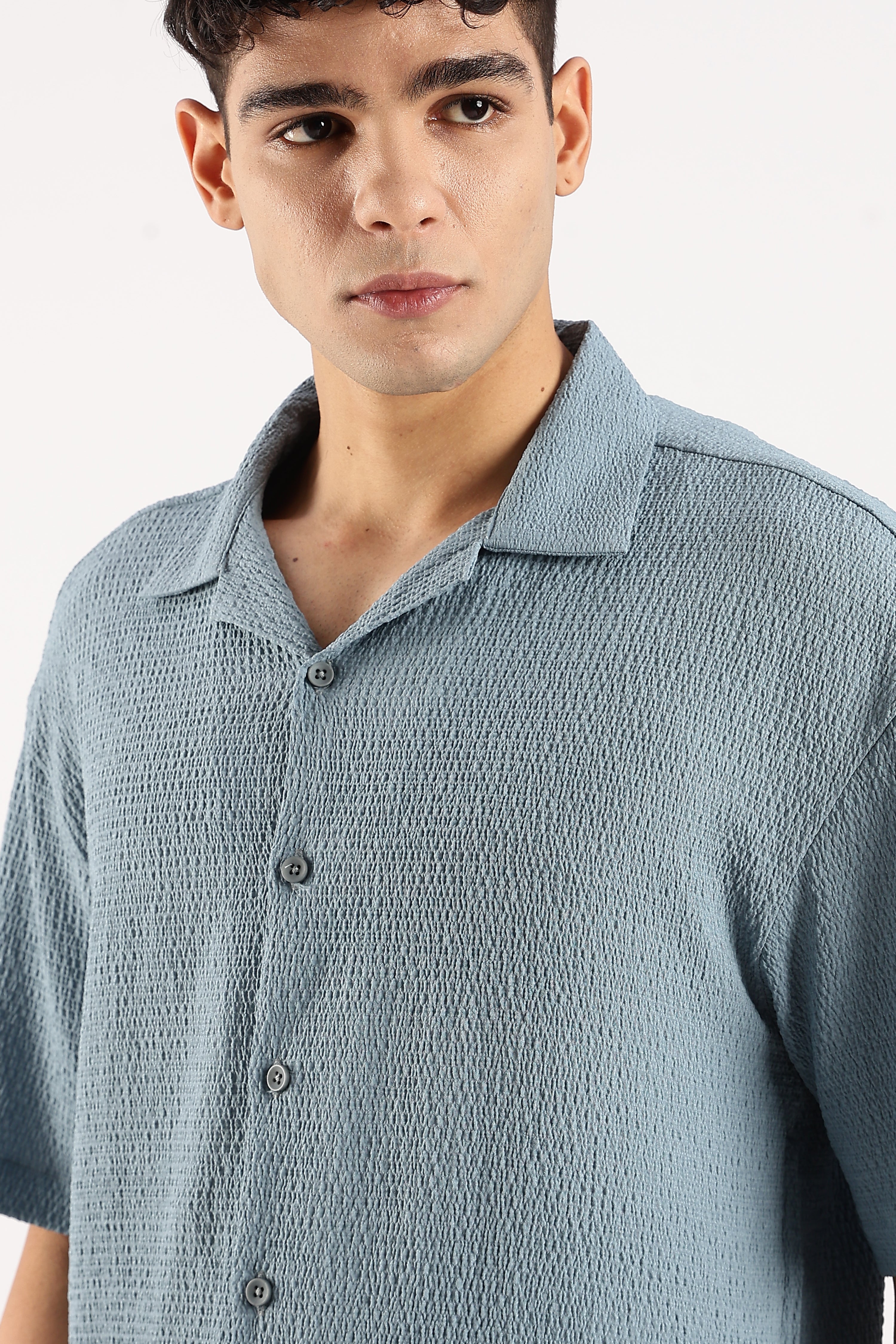 Men Blue Poly Textured Shirt