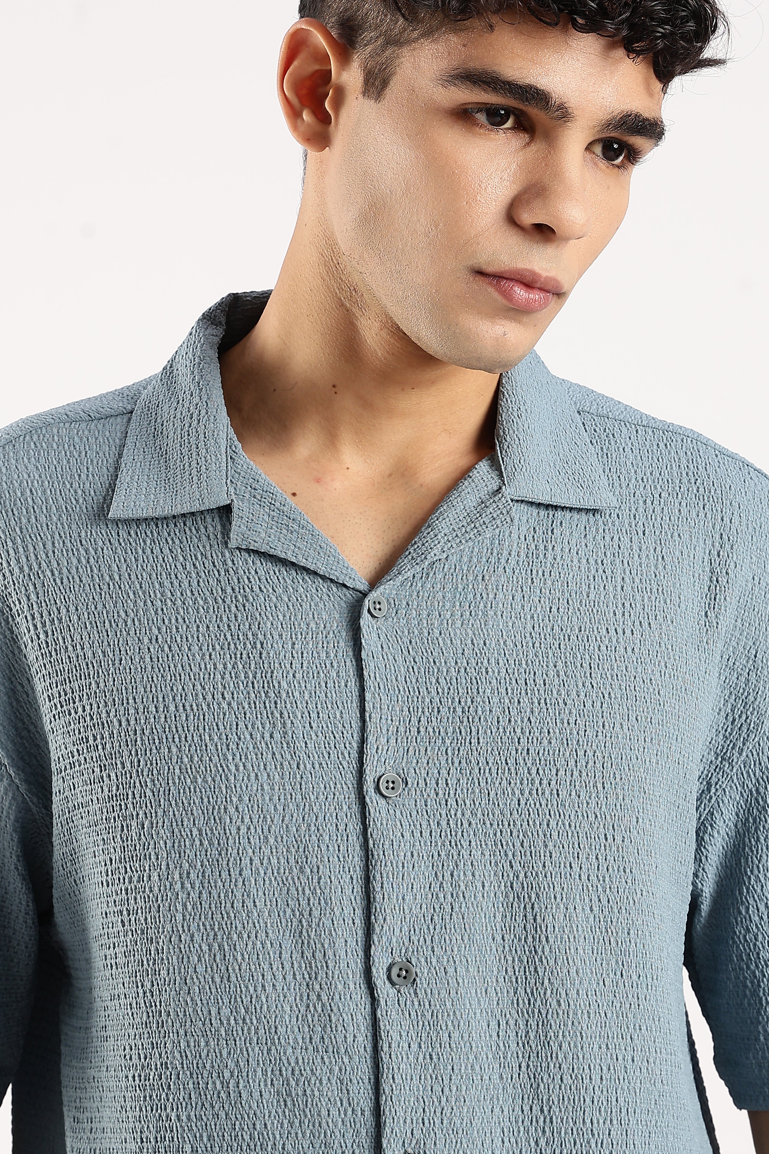 Men Blue Poly Textured Shirt