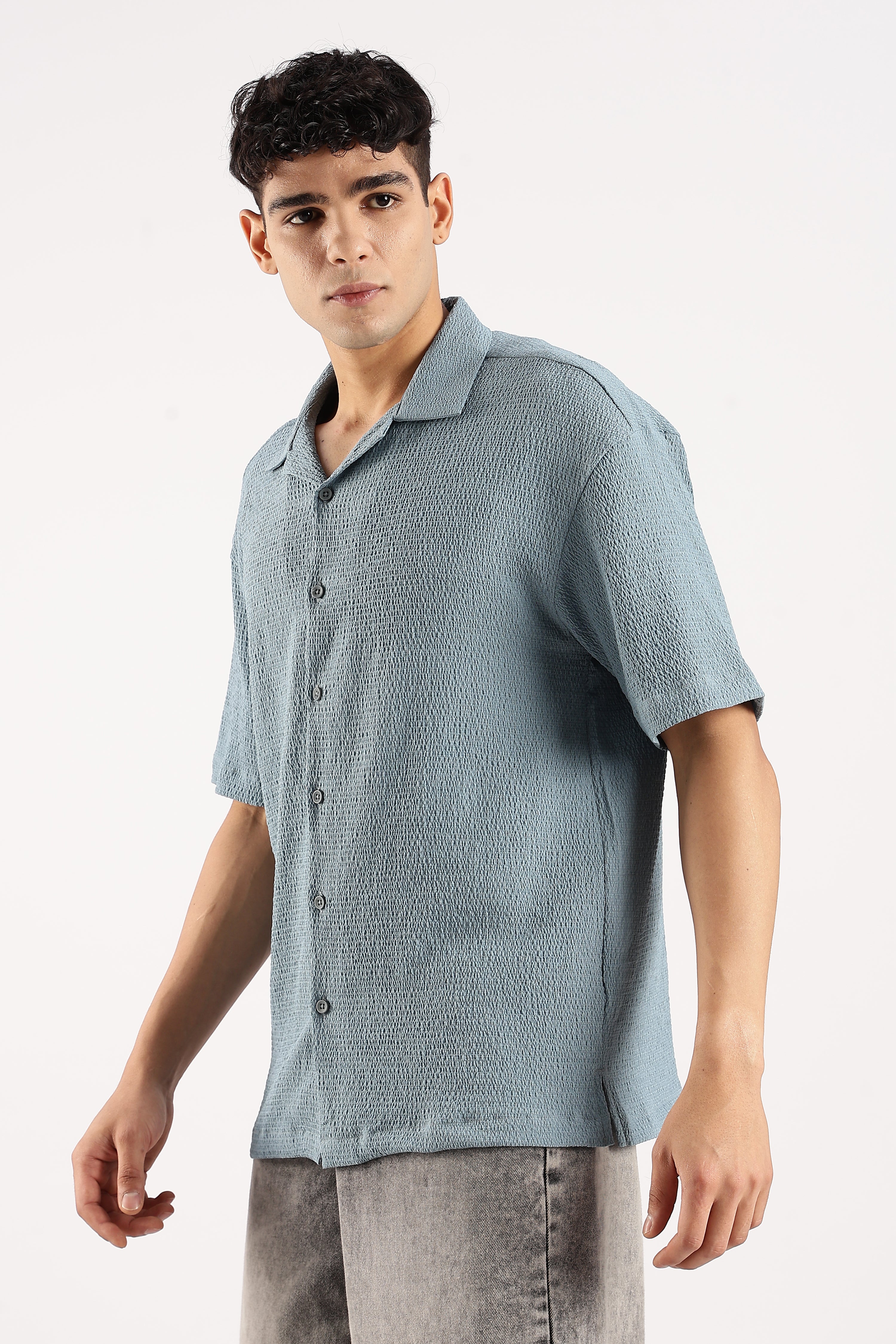 Men Blue Poly Textured Shirt