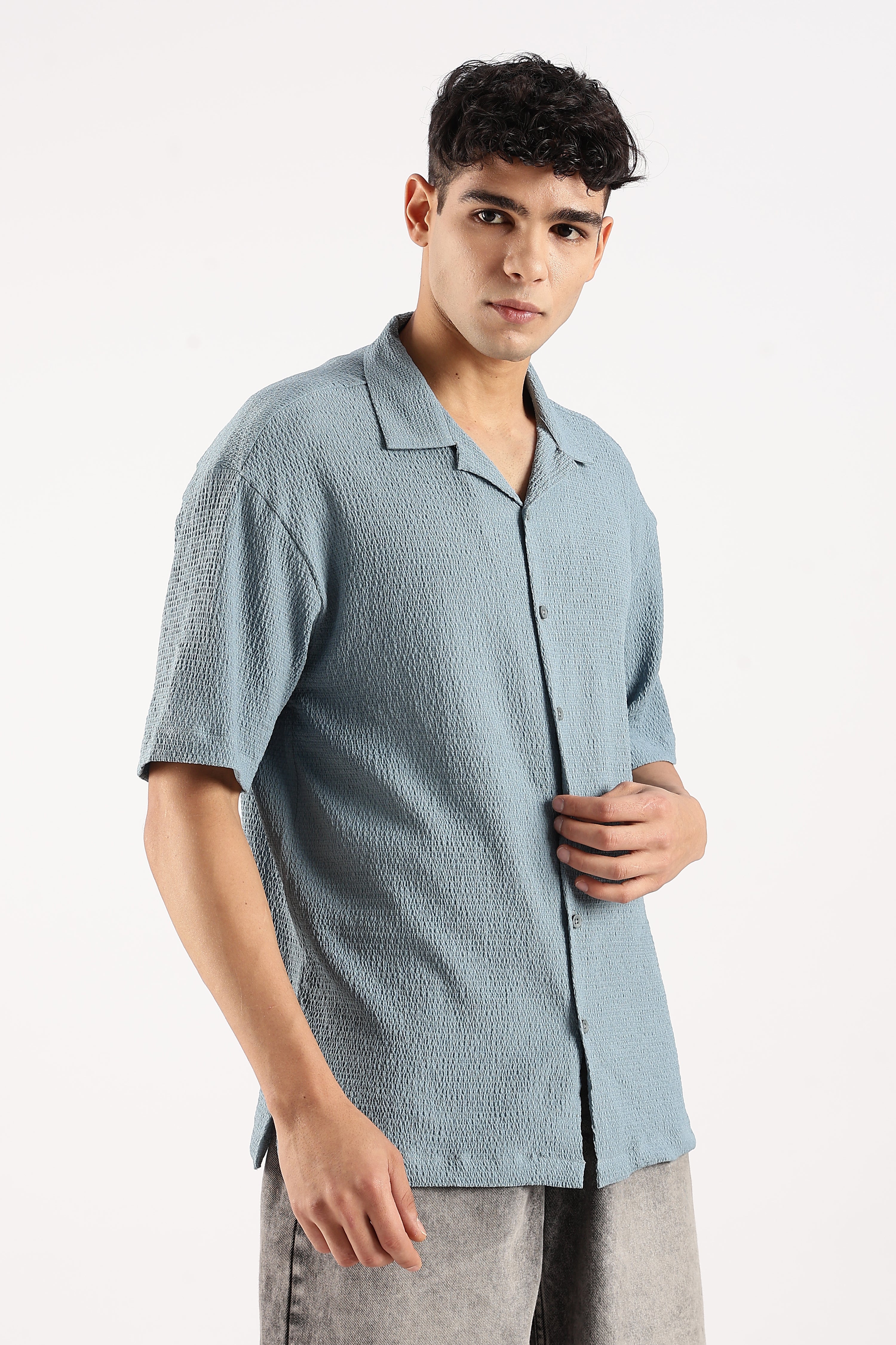Men Blue Poly Textured Shirt