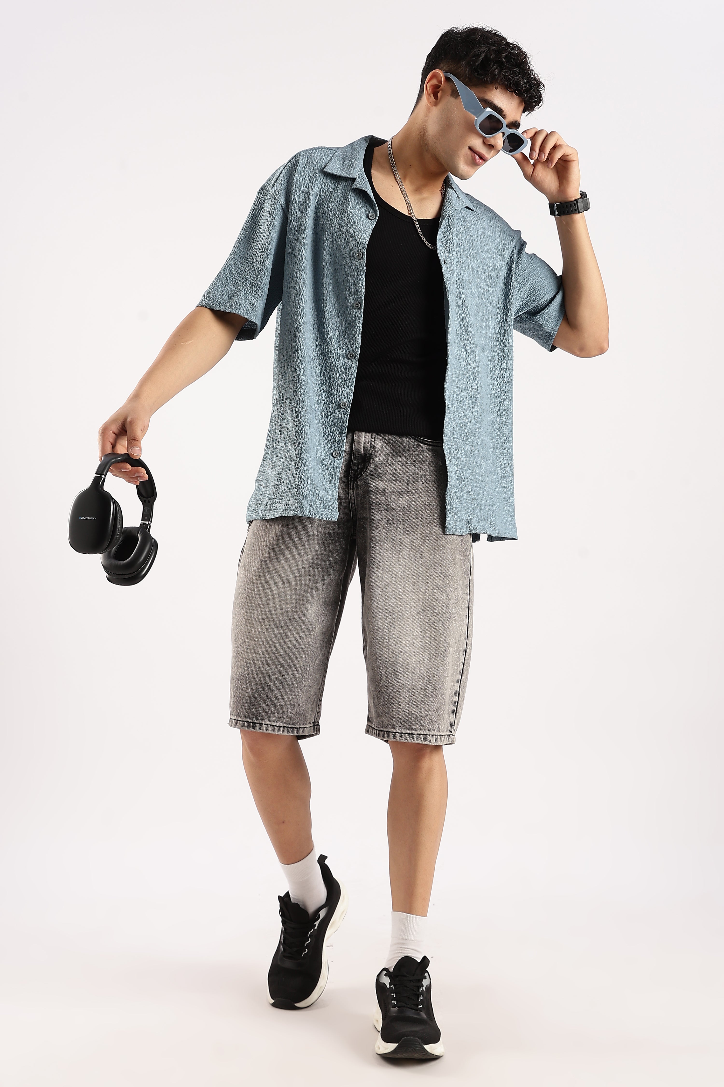 Men Blue Poly Textured Shirt