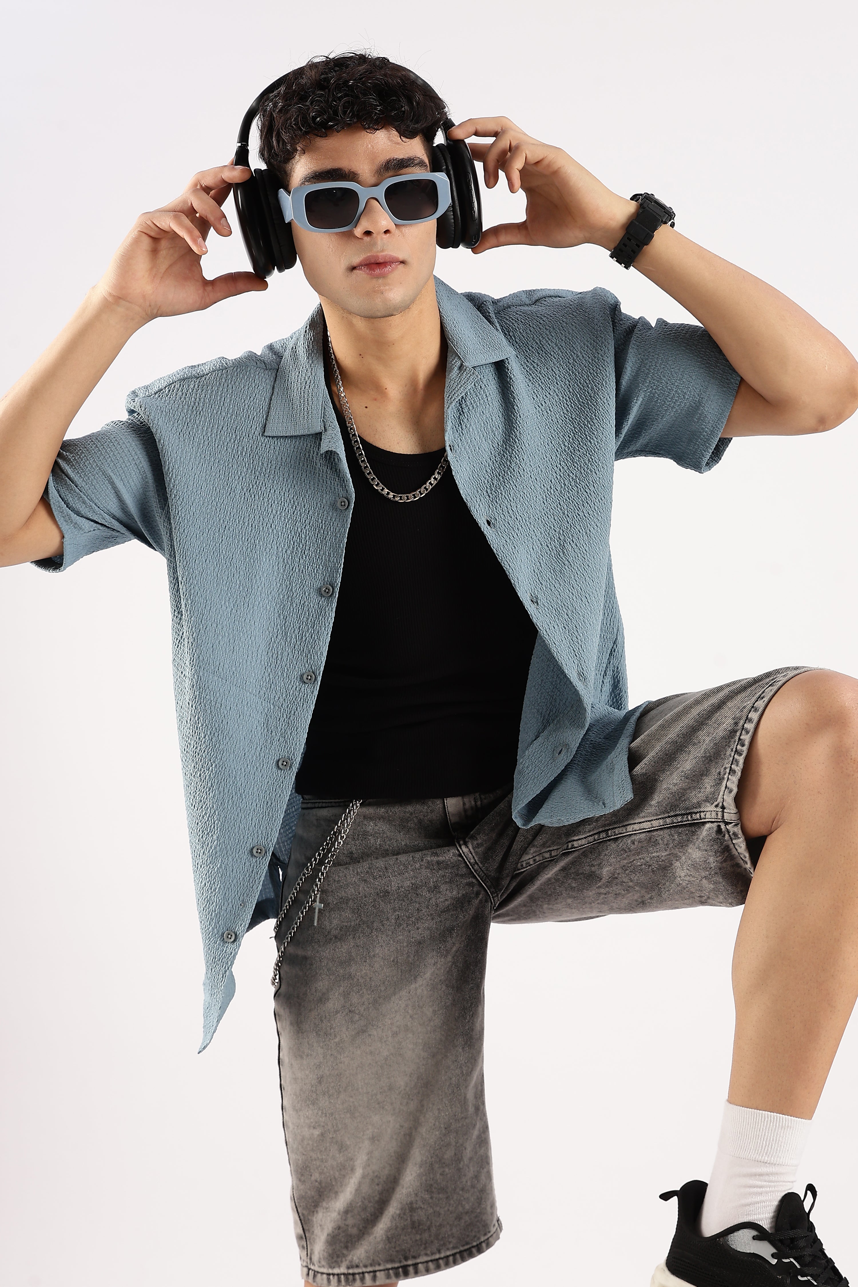 Men Blue Poly Textured Shirt