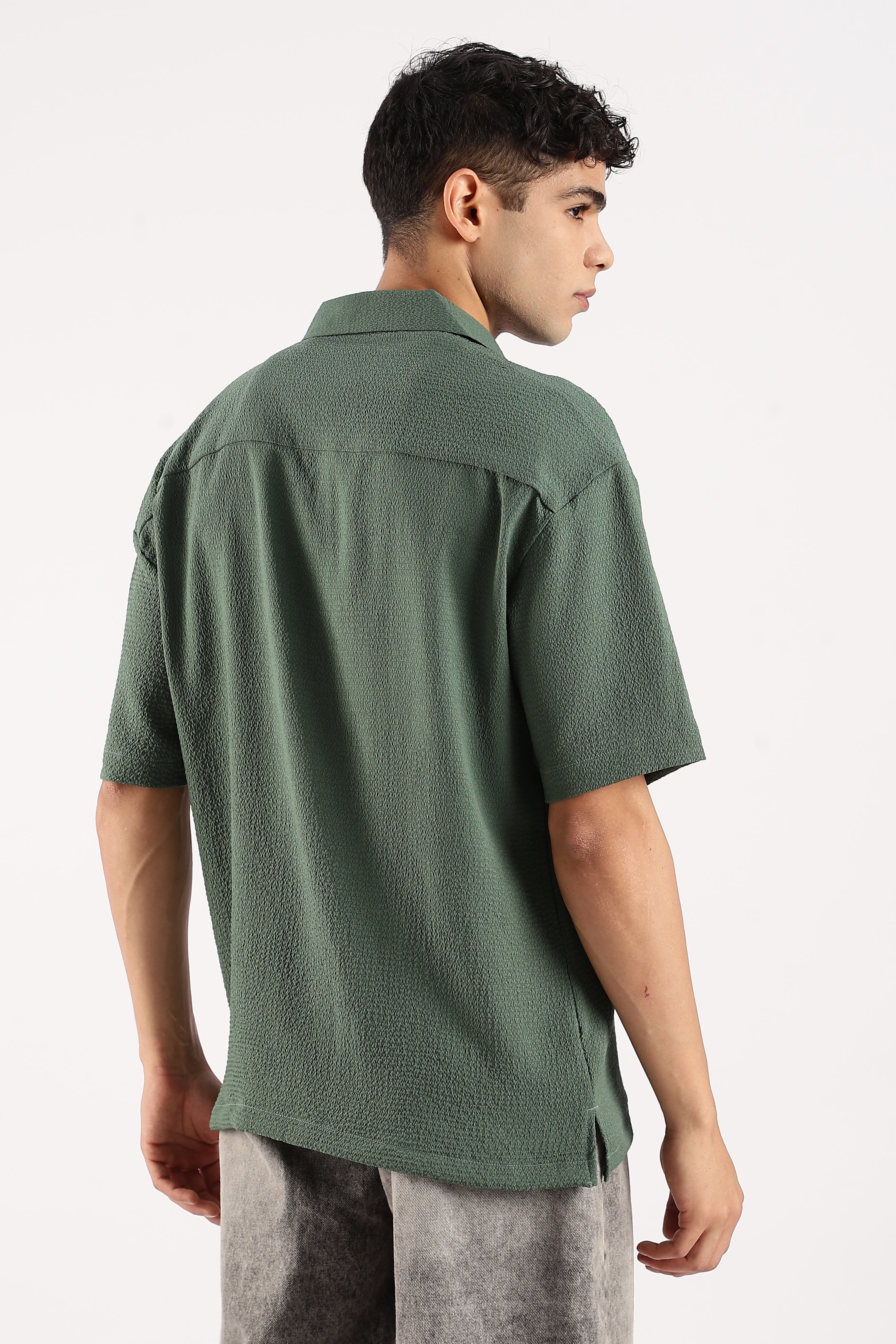 Men Green Poly Textured Shirt