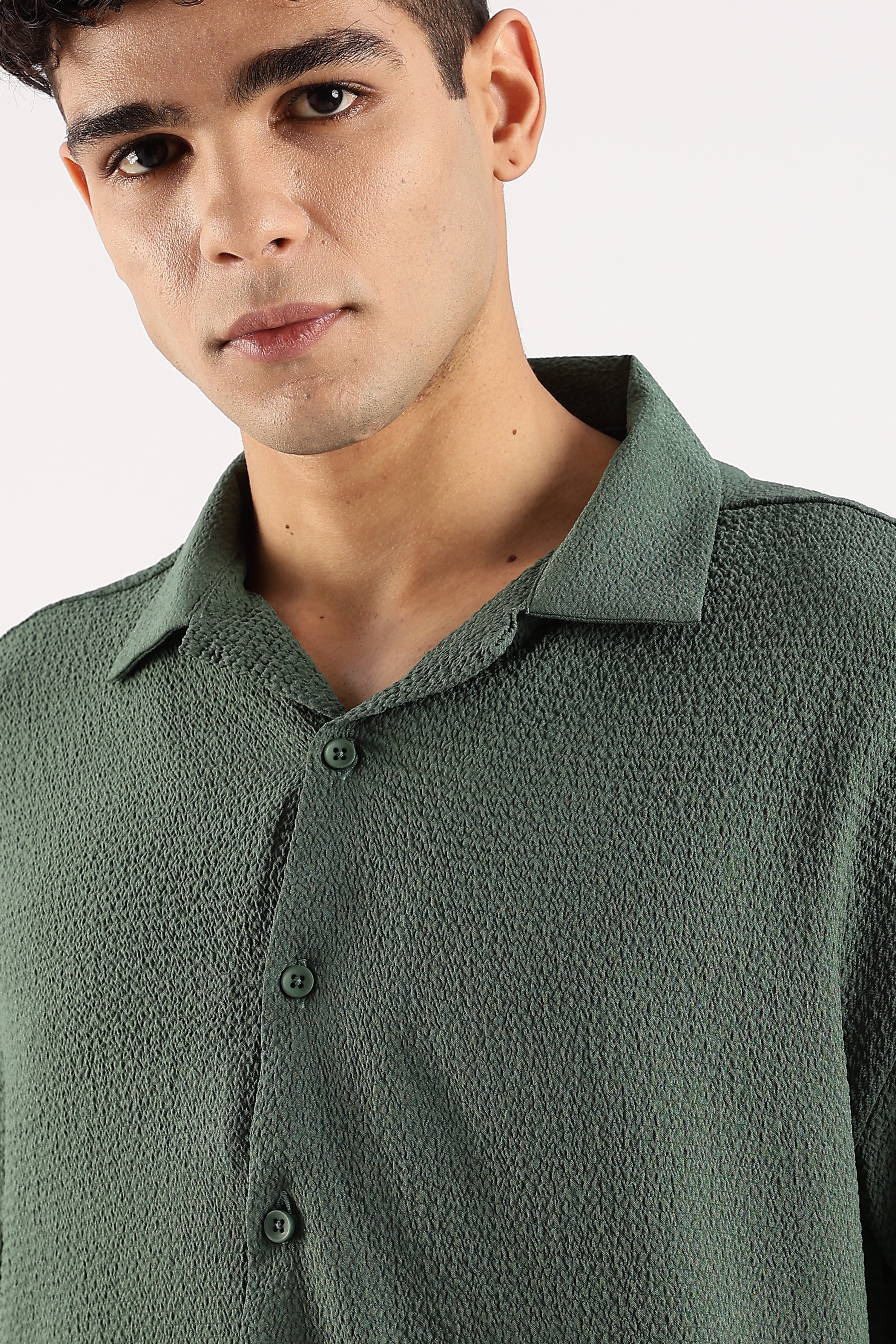 Men Green Poly Textured Shirt