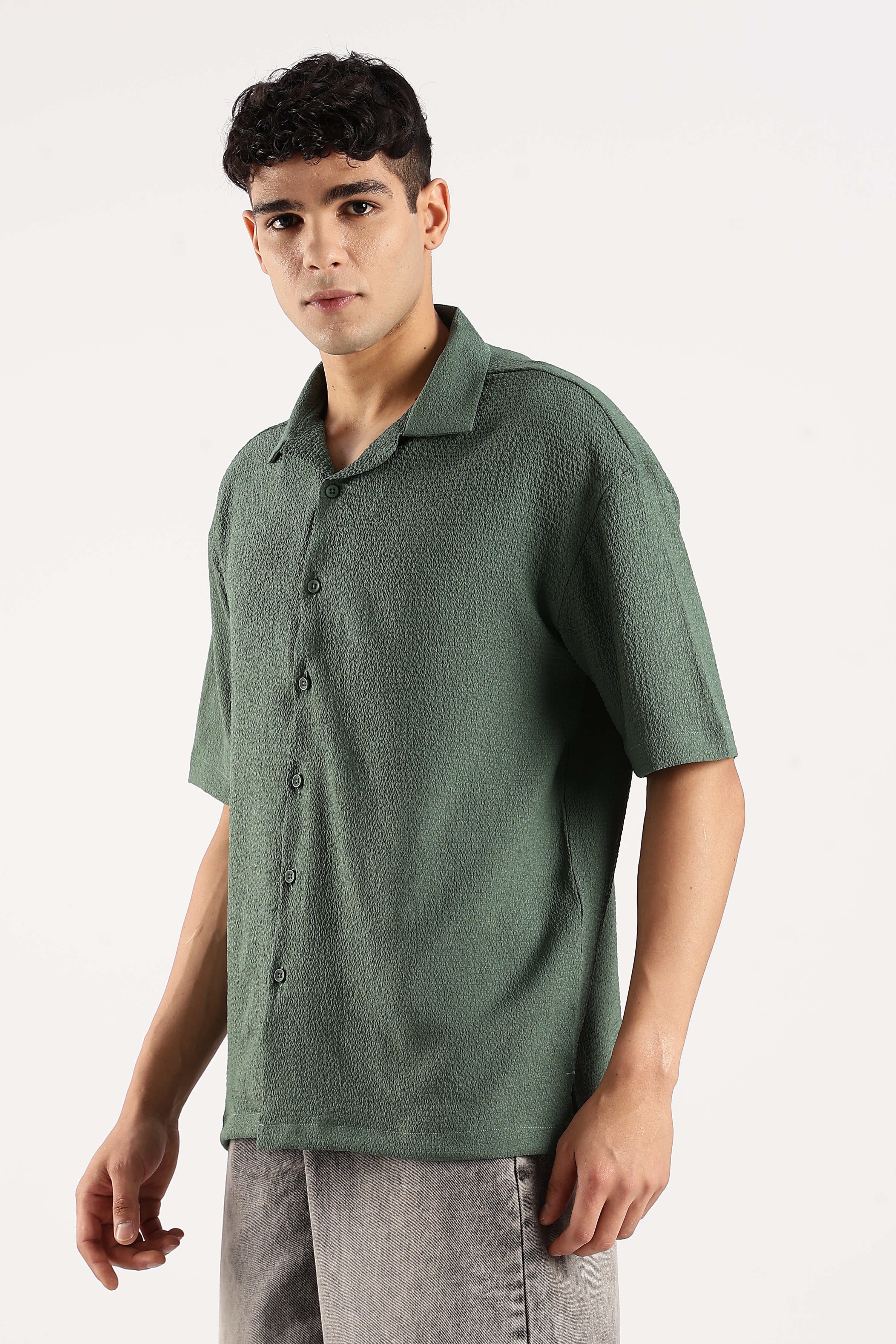 Men Green Poly Textured Shirt