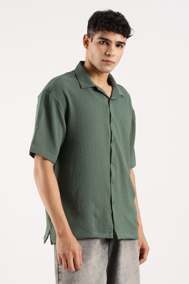 Men Green Poly Textured Shirt