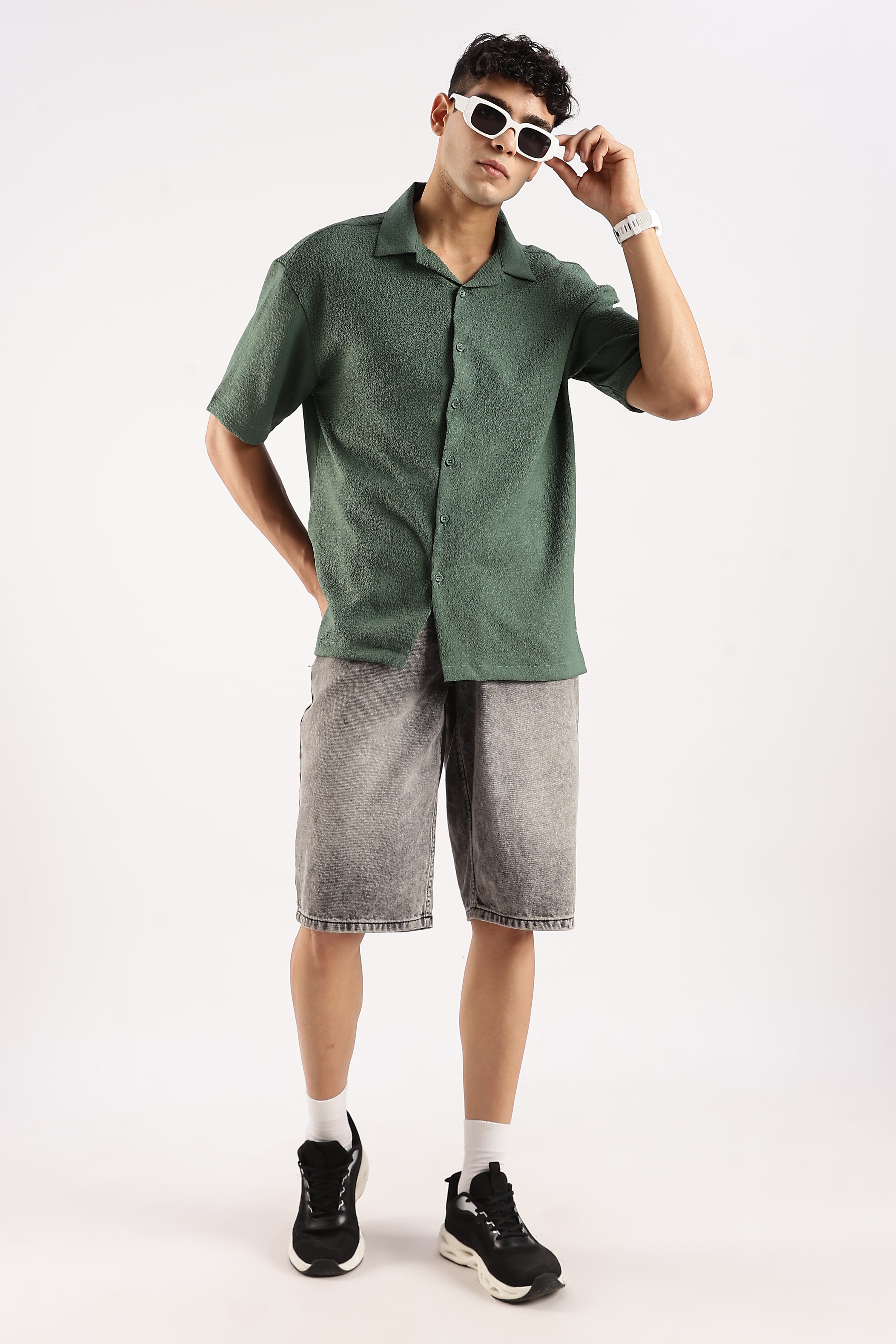 Men Green Poly Textured Shirt