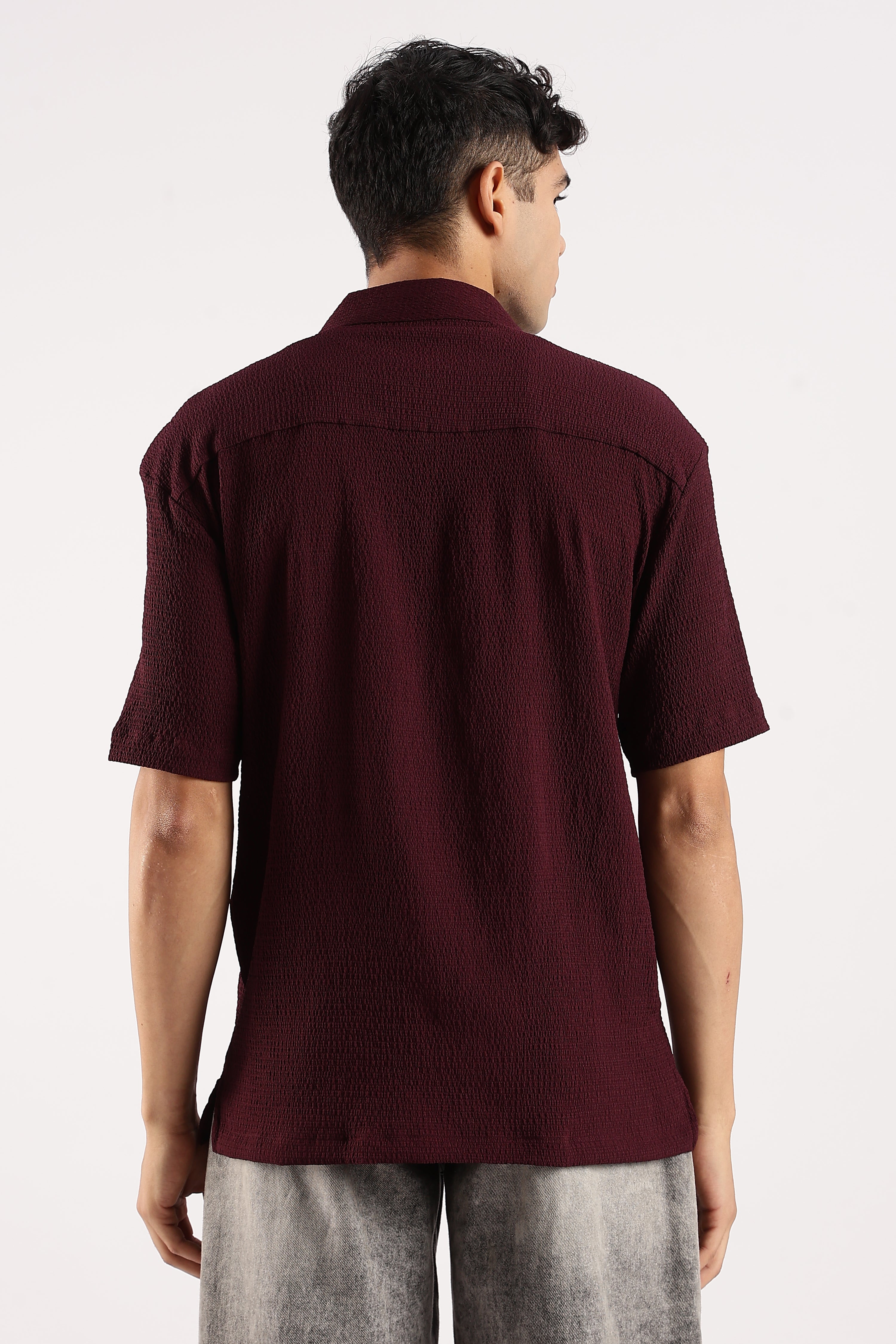 Men Burgundy  Poly Textured Shirt