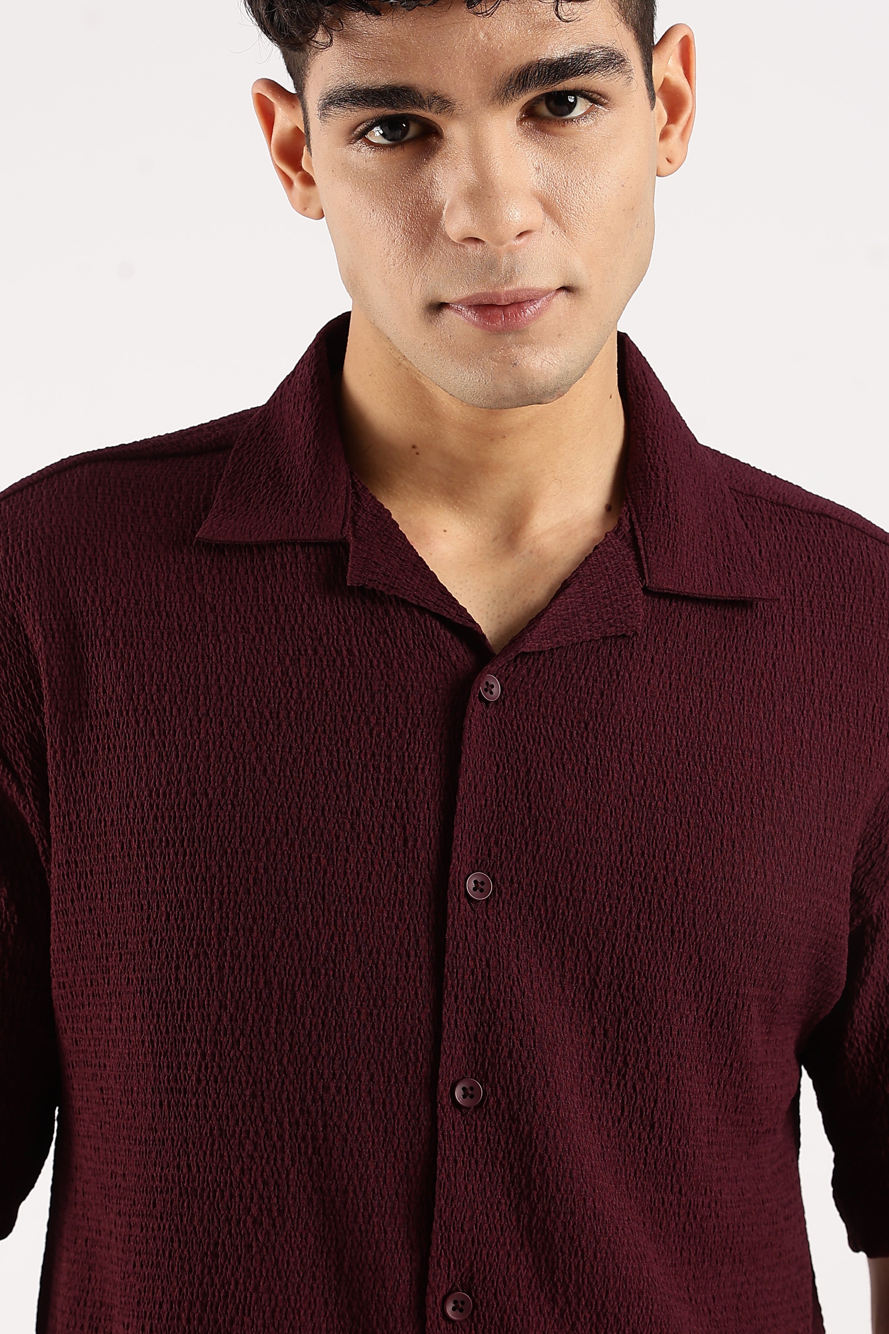 Men Burgundy  Poly Textured Shirt