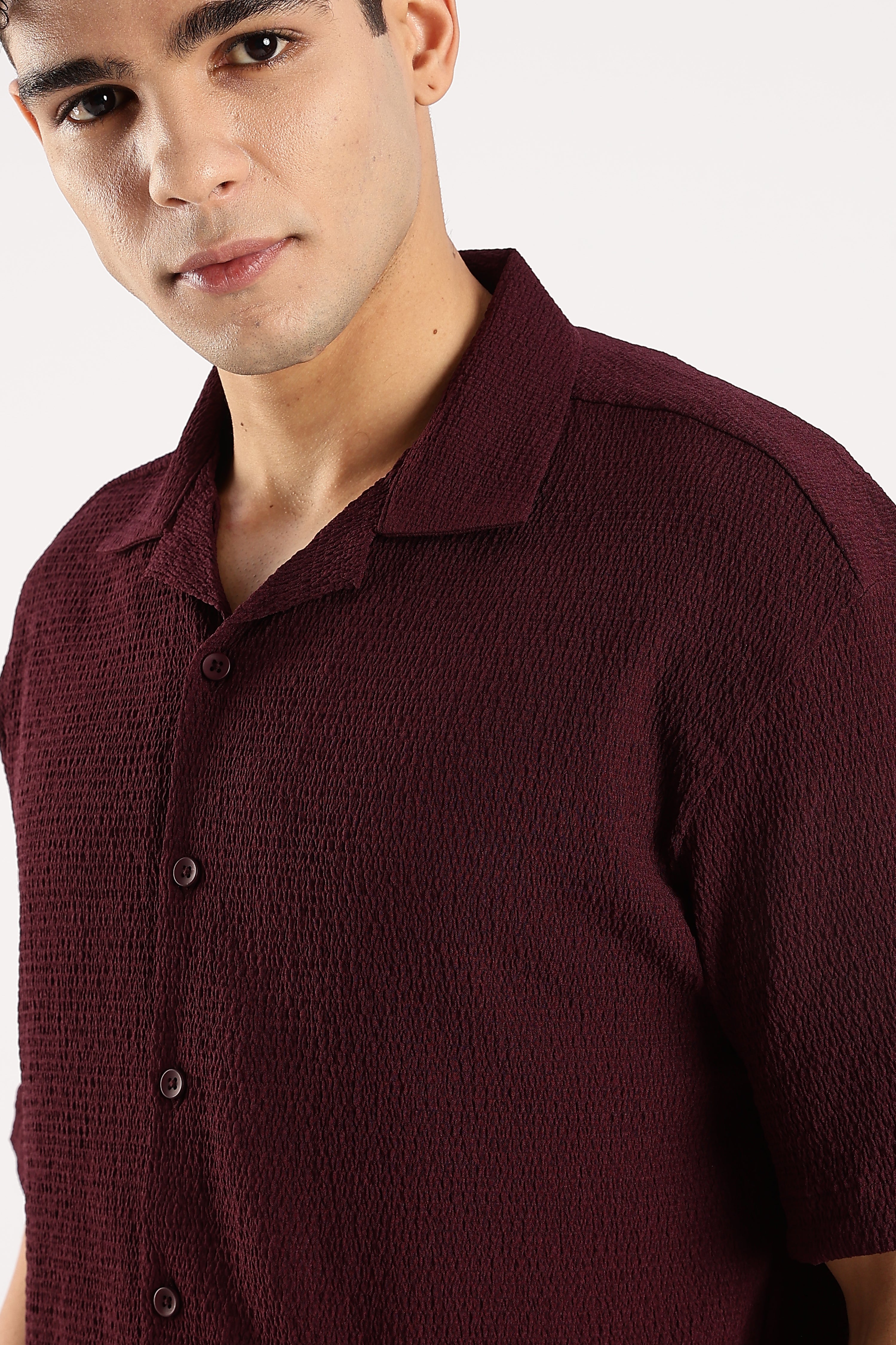 Men Burgundy  Poly Textured Shirt