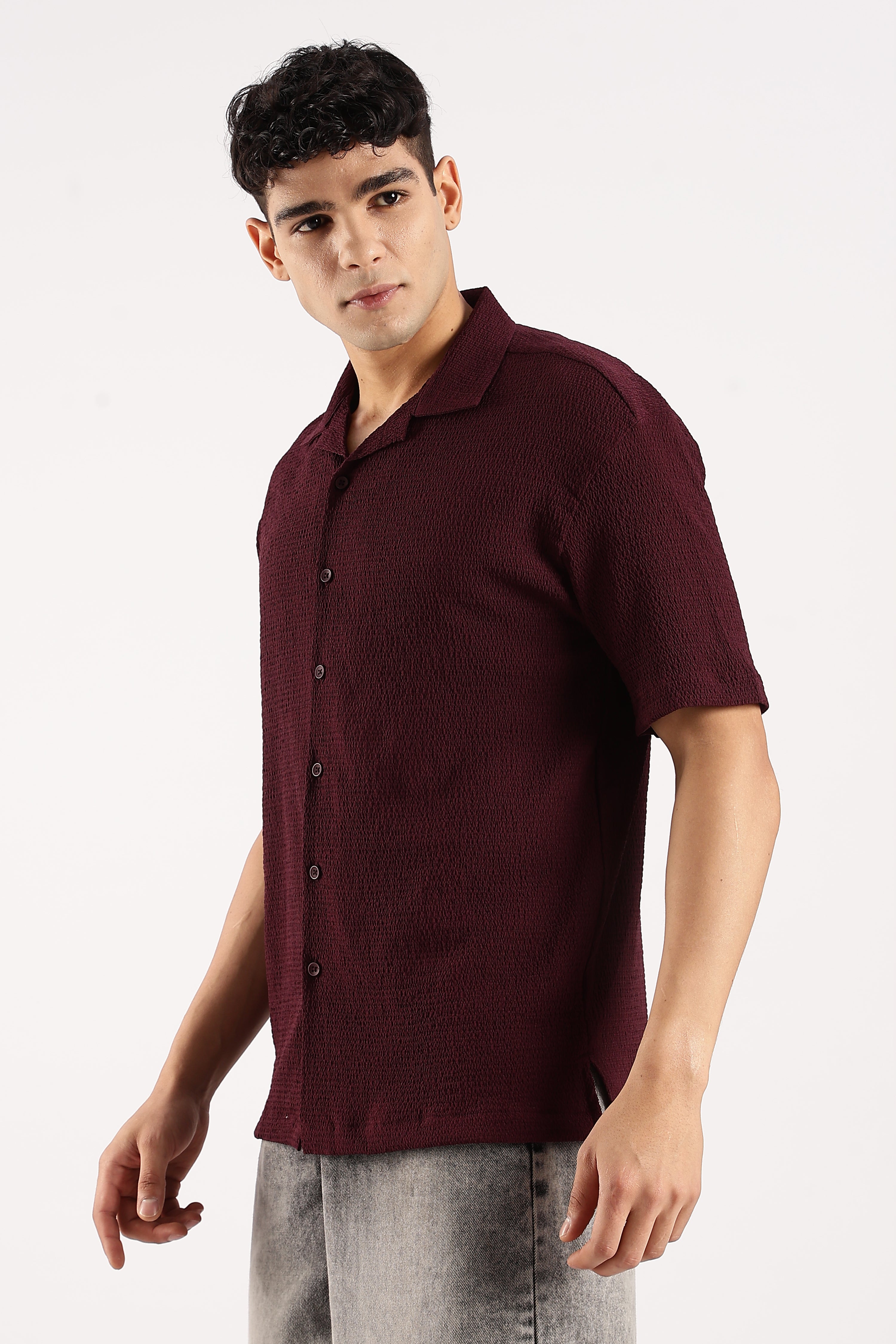 Men Burgundy  Poly Textured Shirt