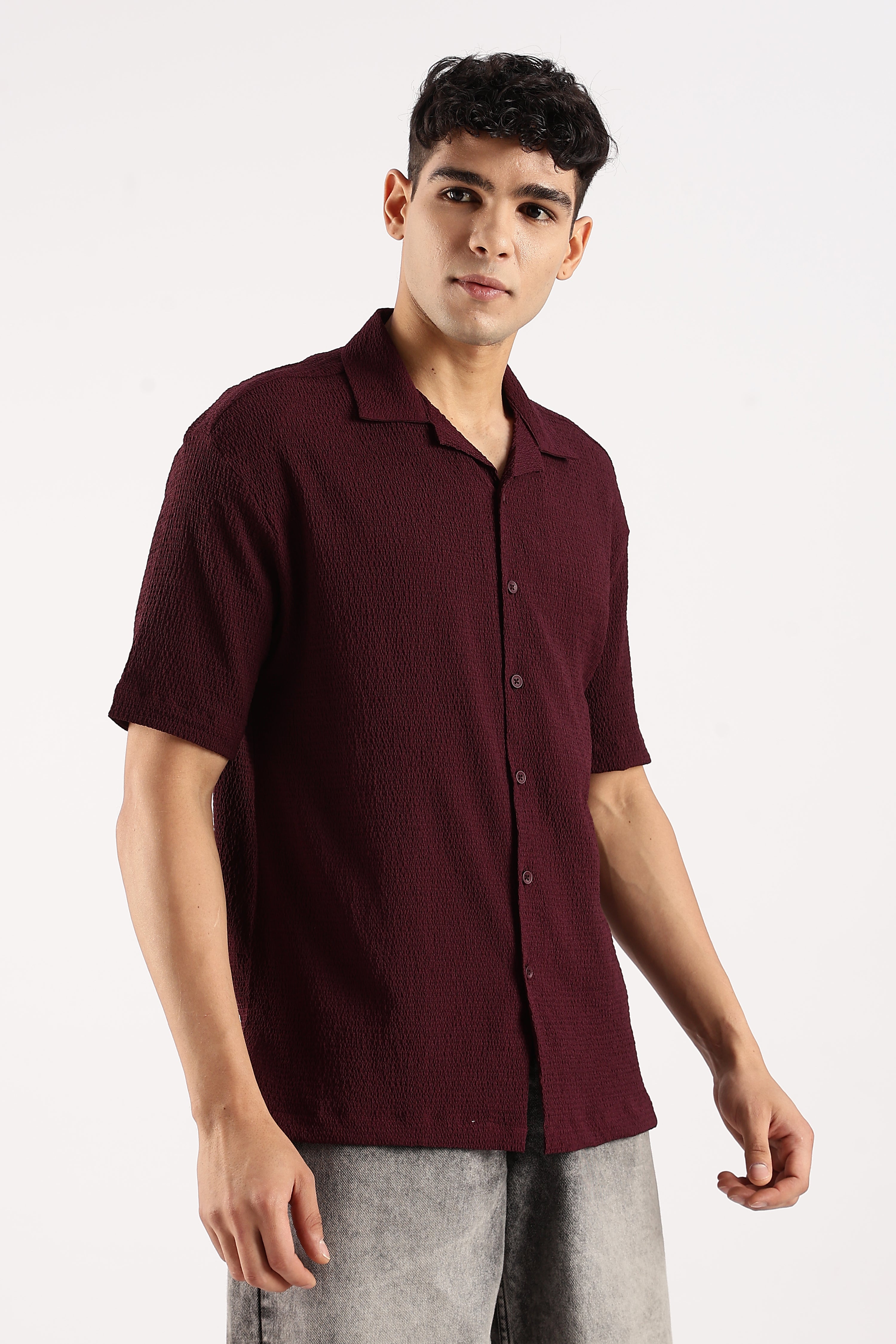 Men Burgundy  Poly Textured Shirt