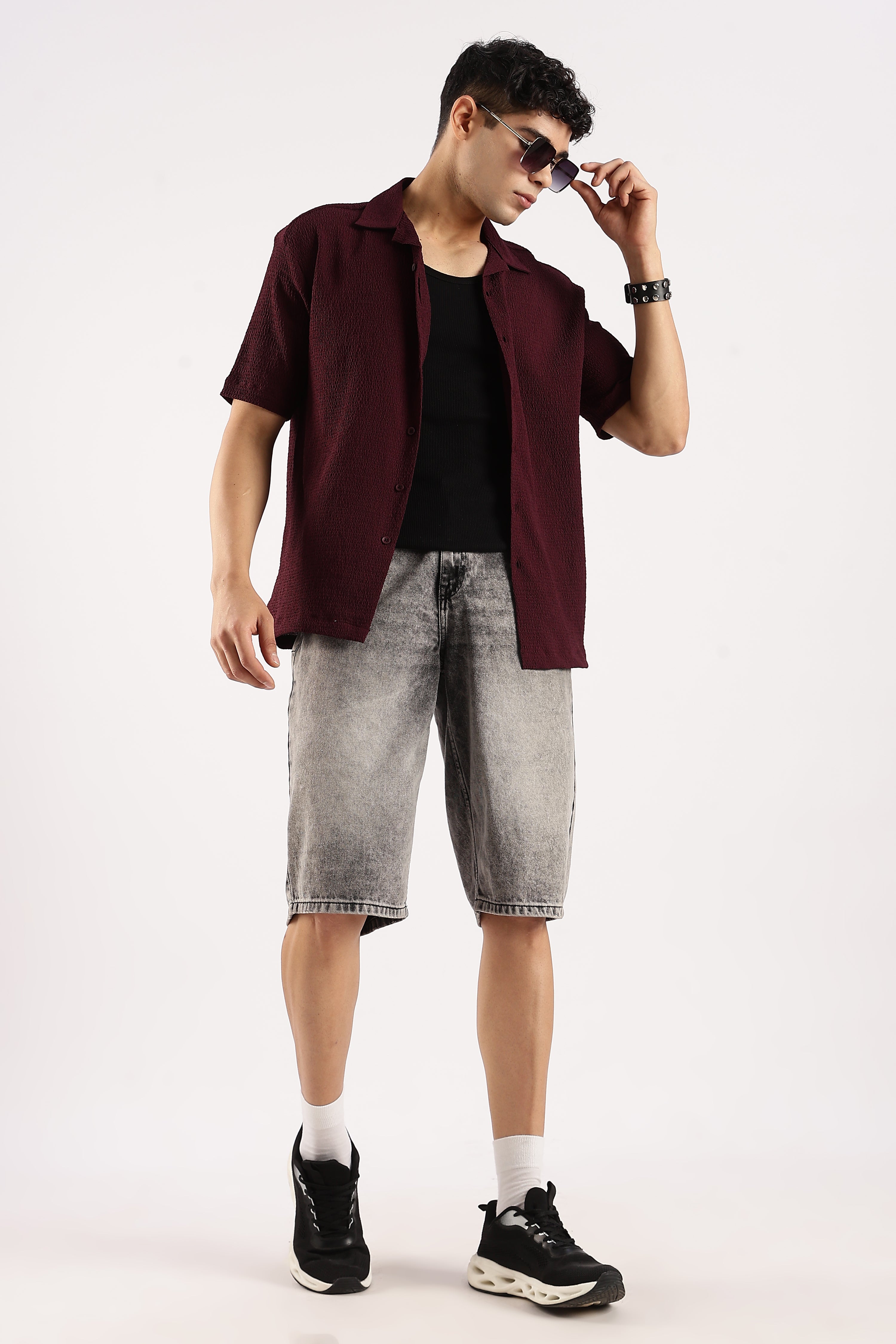 Men Burgundy  Poly Textured Shirt