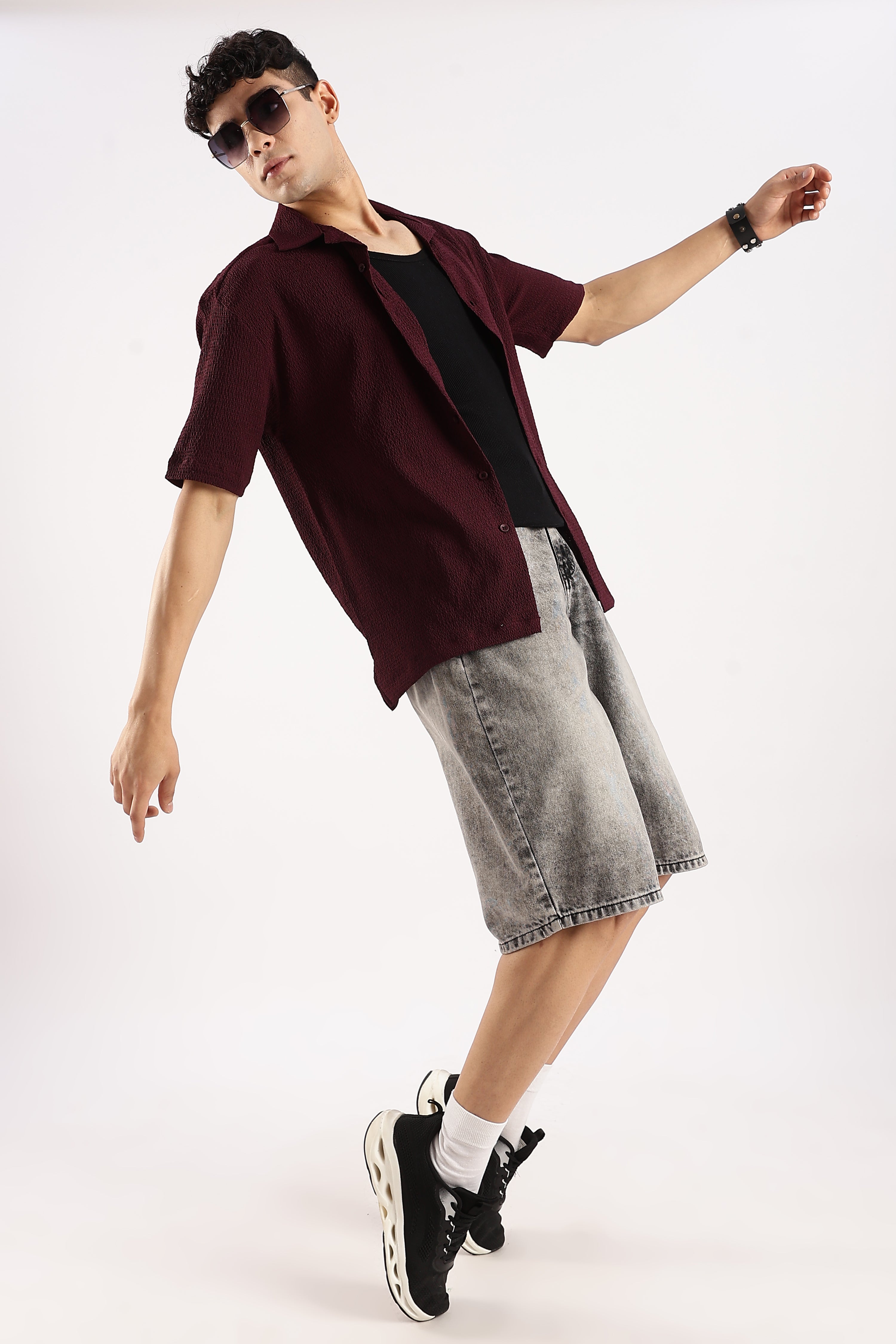 Men Burgundy  Poly Textured Shirt