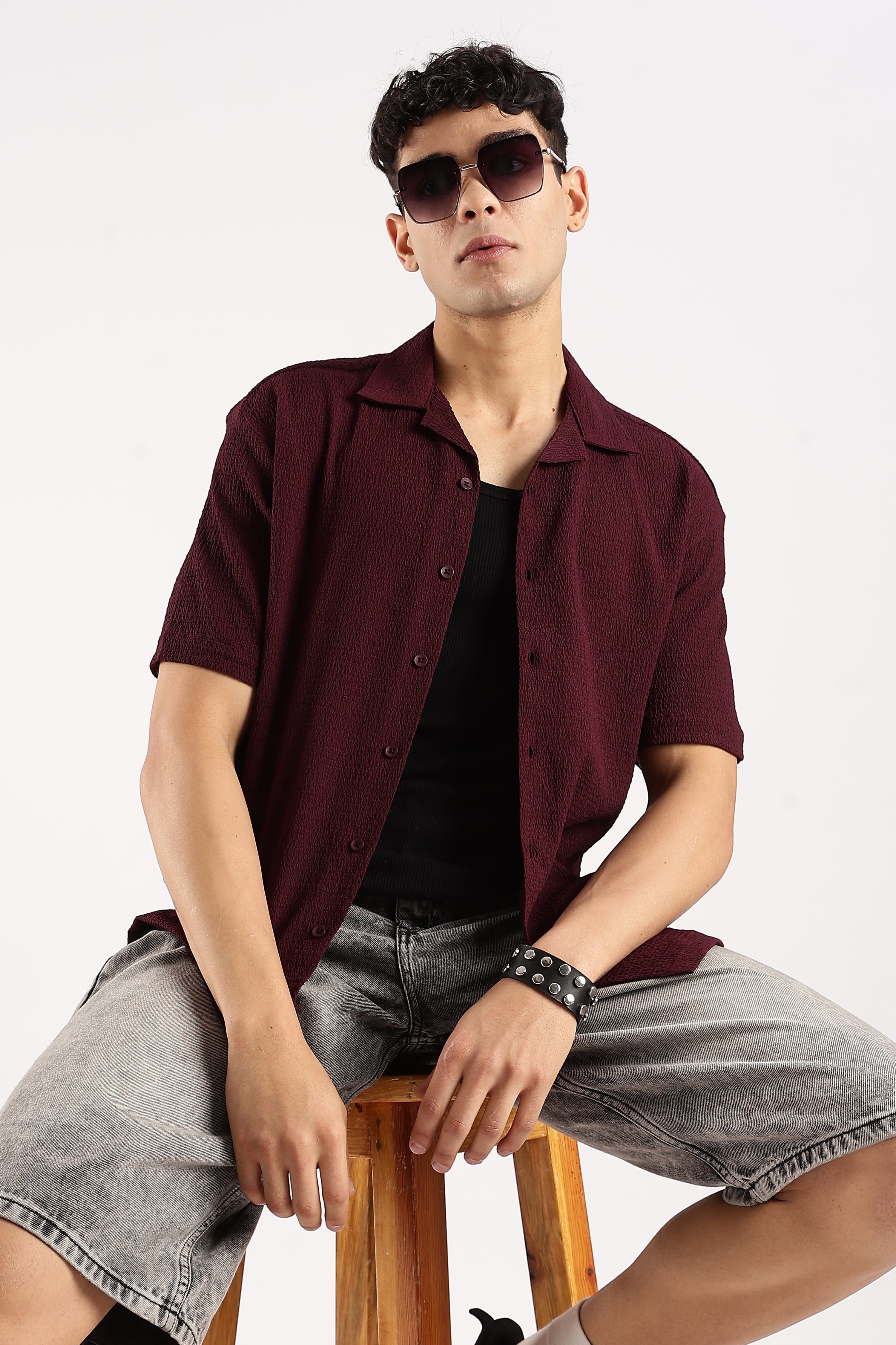 Men Burgundy  Poly Textured Shirt
