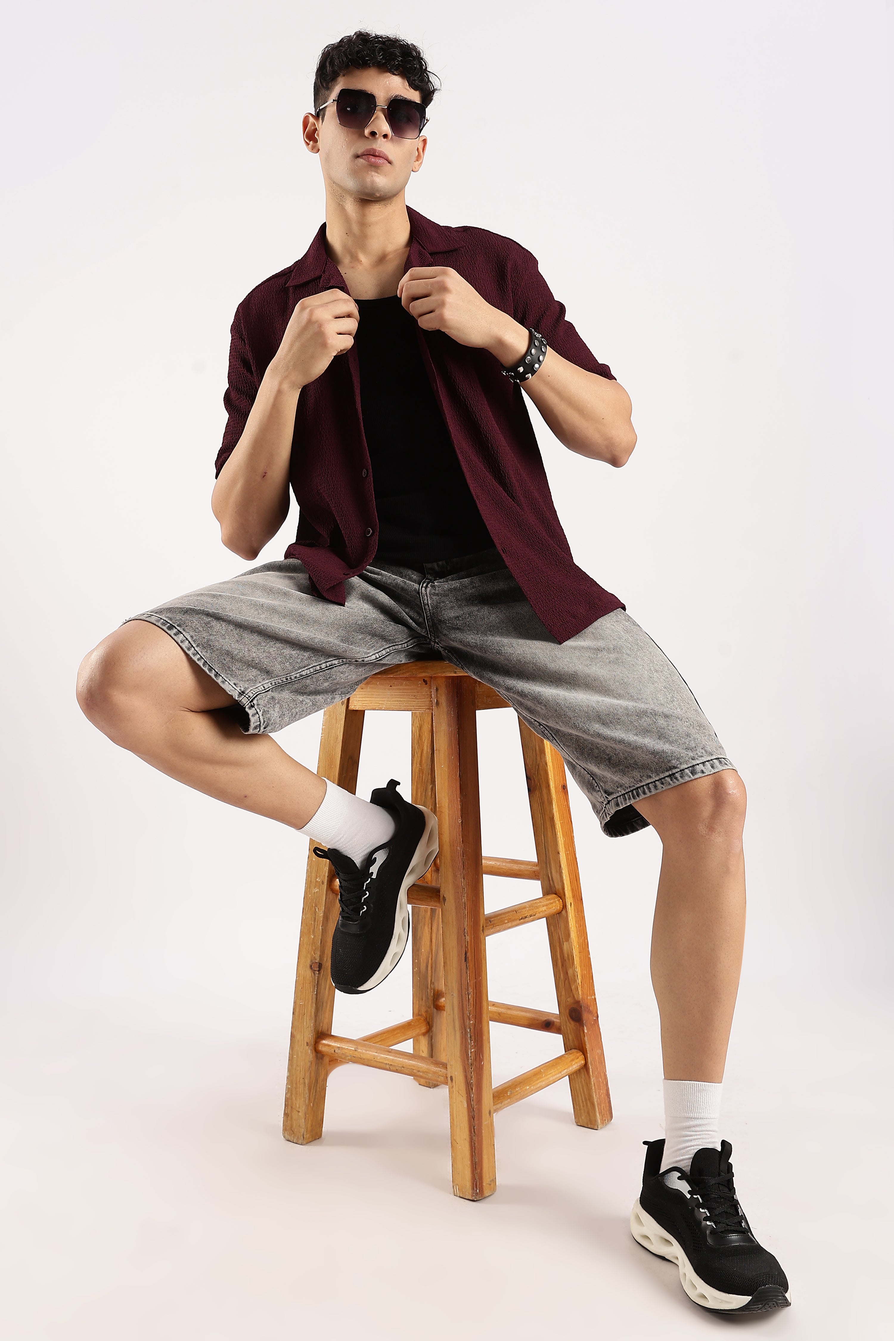 Men Burgundy  Poly Textured Shirt
