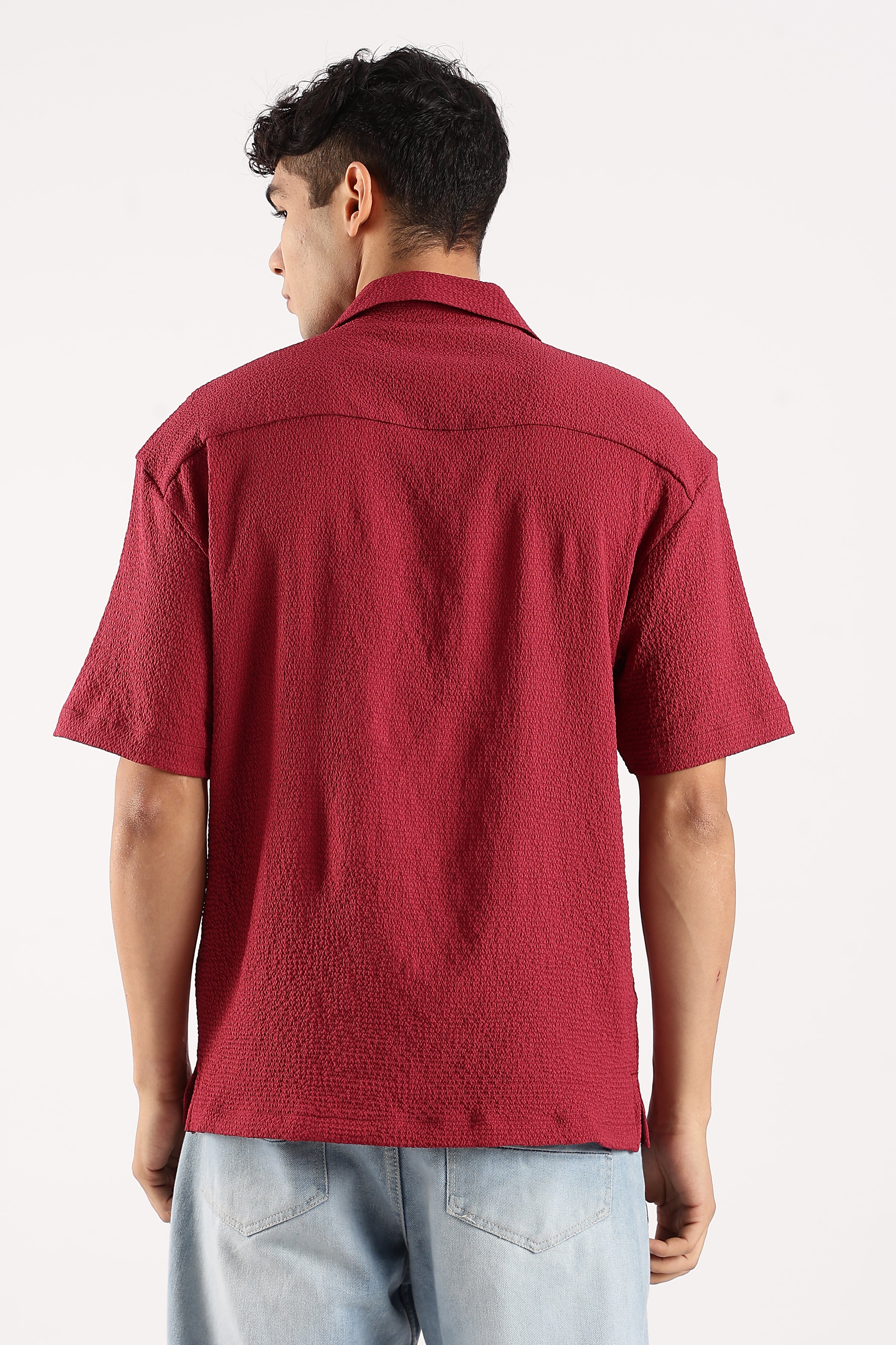 Men Red Poly Textured Shirt