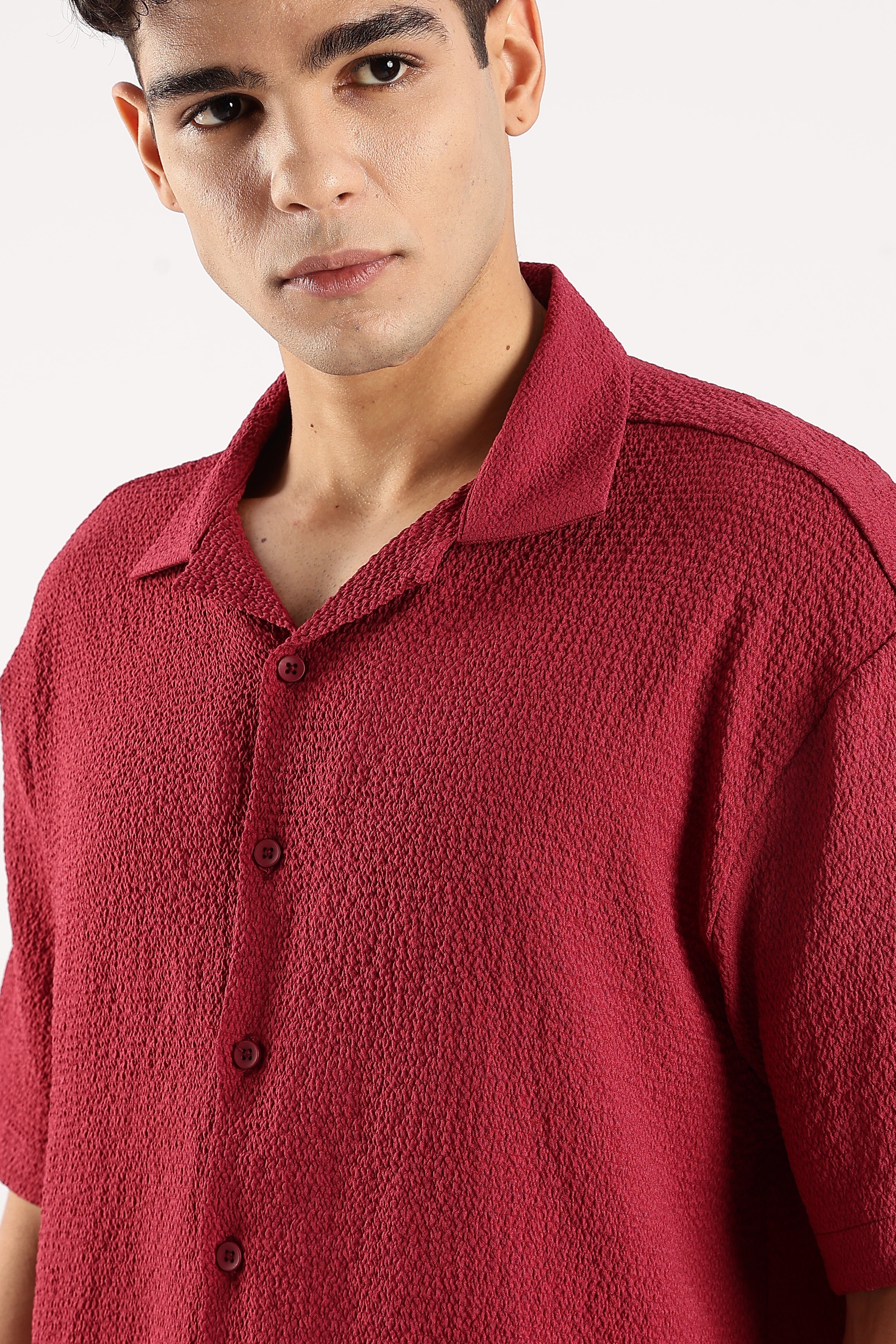 Men Red Poly Textured Shirt