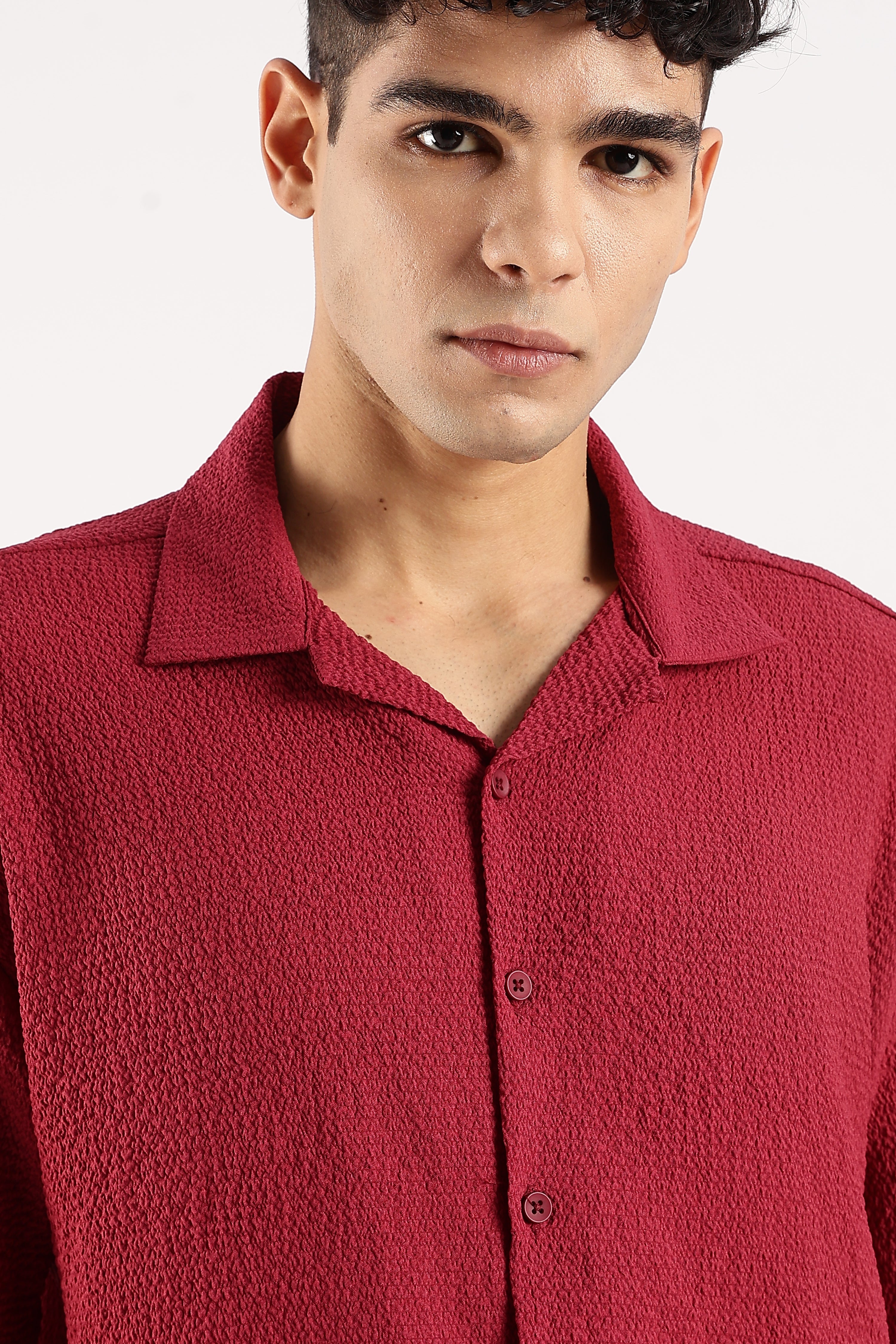 Men Red Poly Textured Shirt