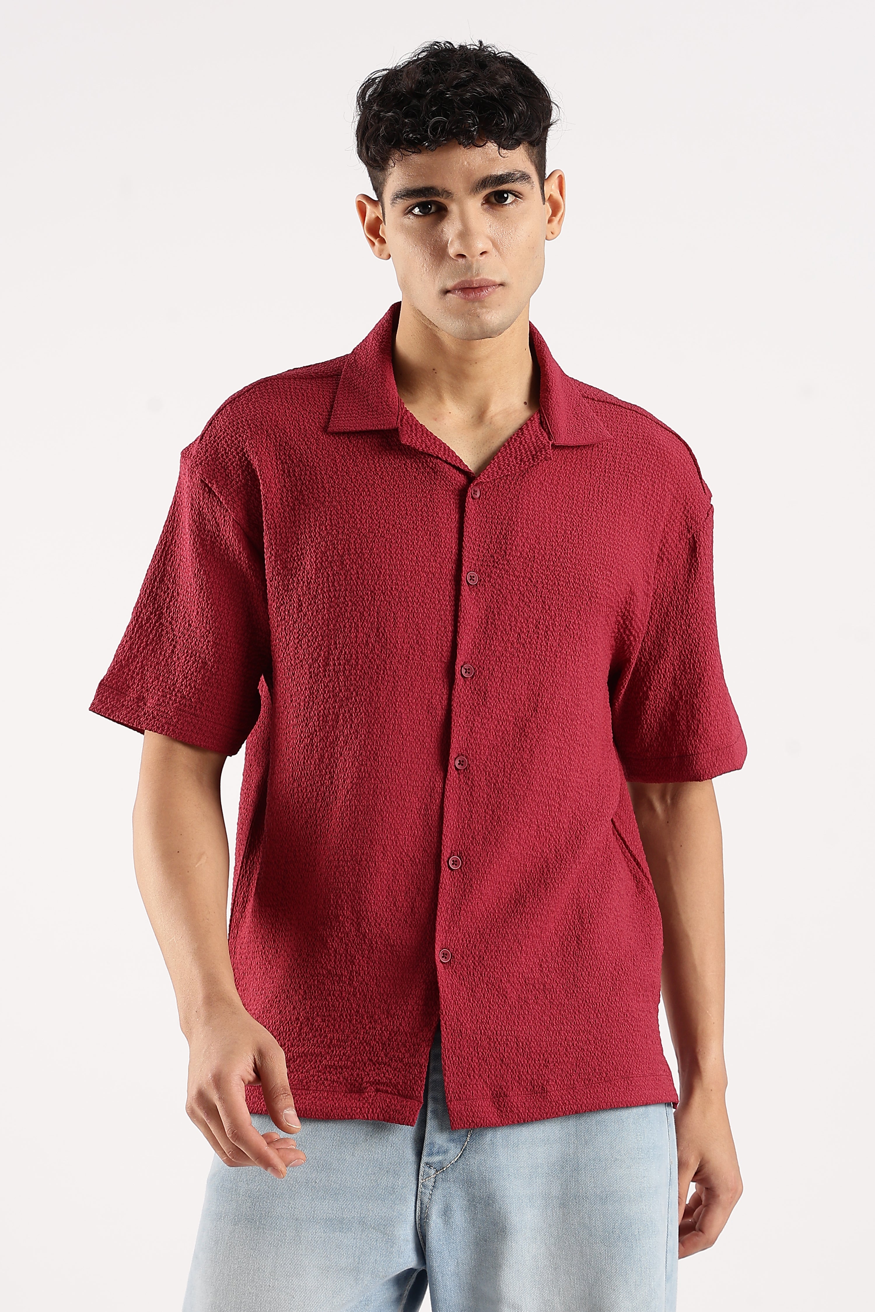 Men Red Poly Textured Shirt