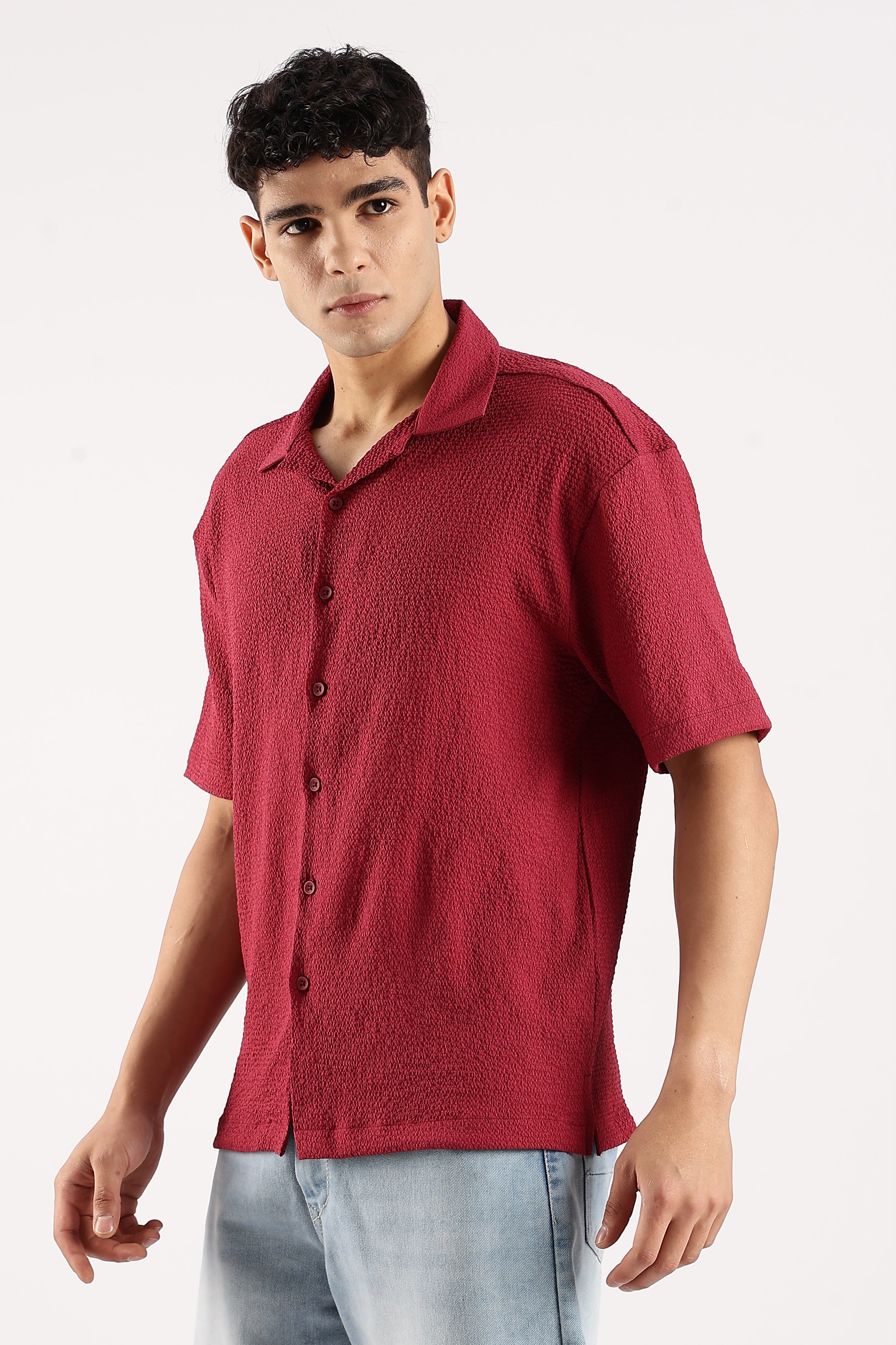 Men Red Poly Textured Shirt