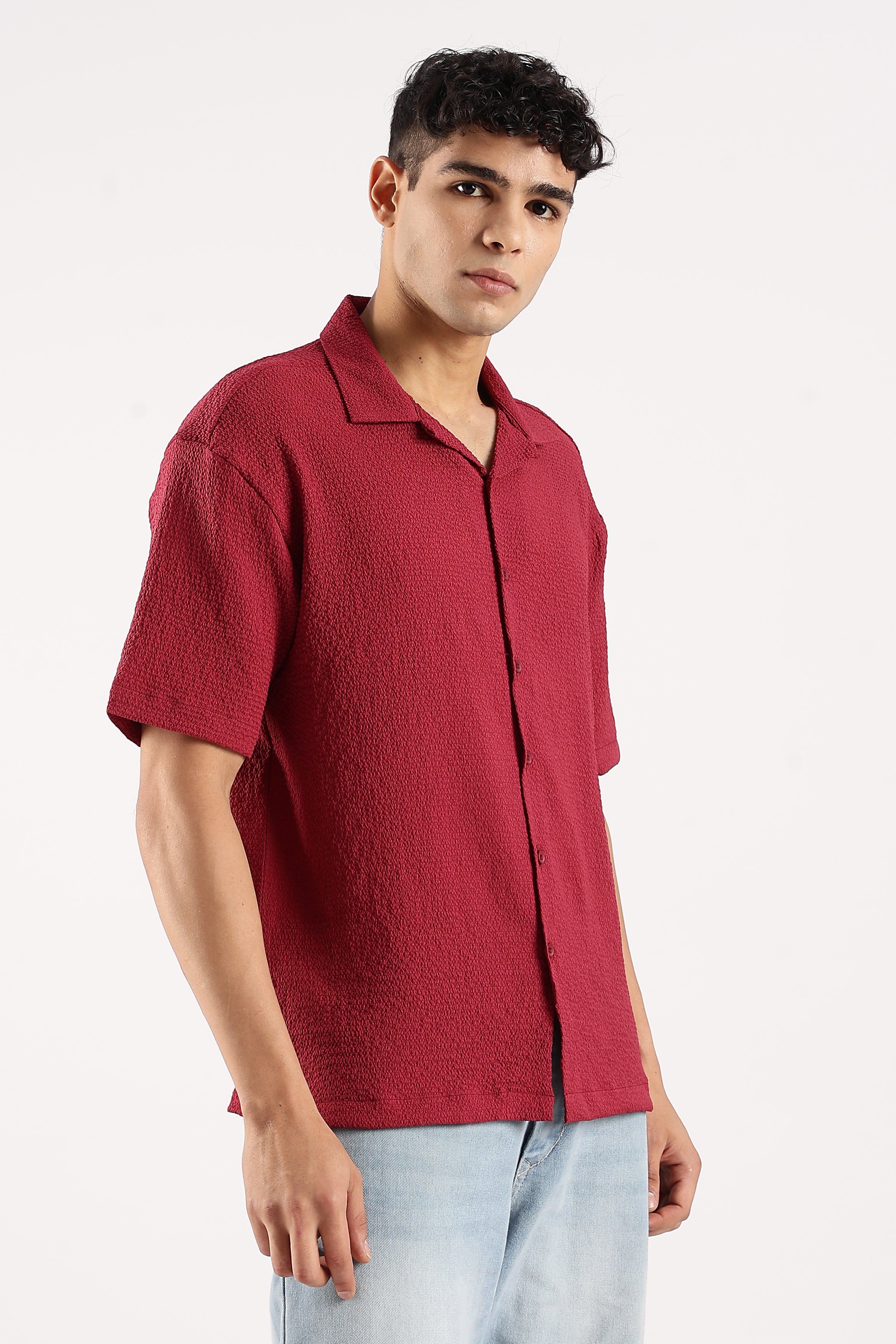 Men Red Poly Textured Shirt