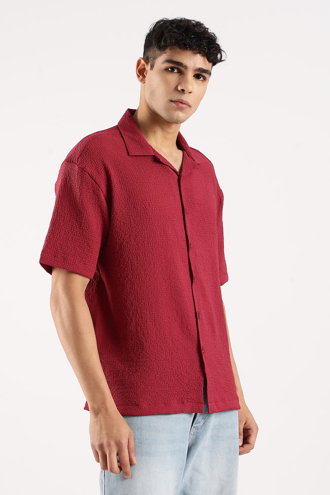 Men Red Poly Textured Shirt