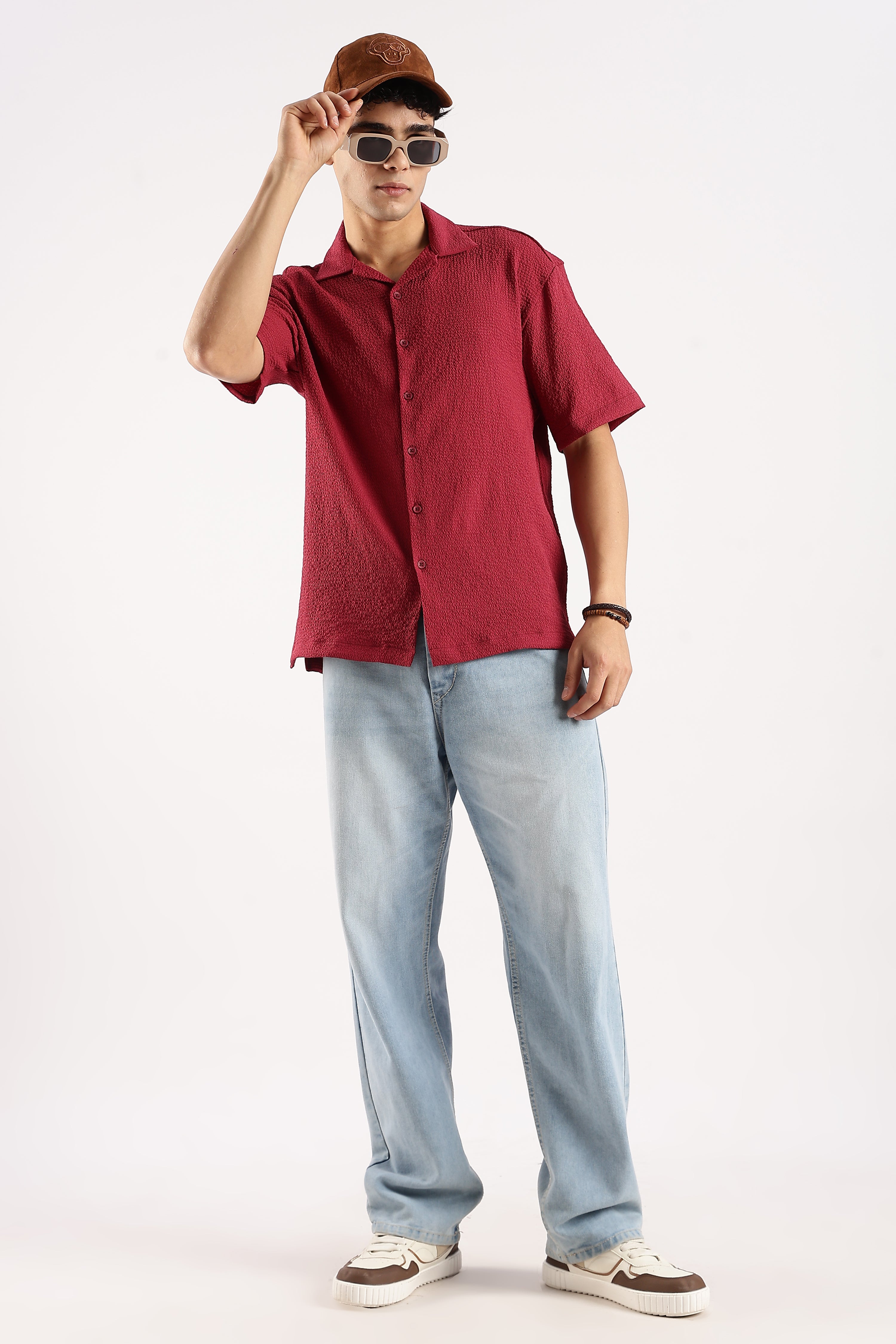 Men Red Poly Textured Shirt