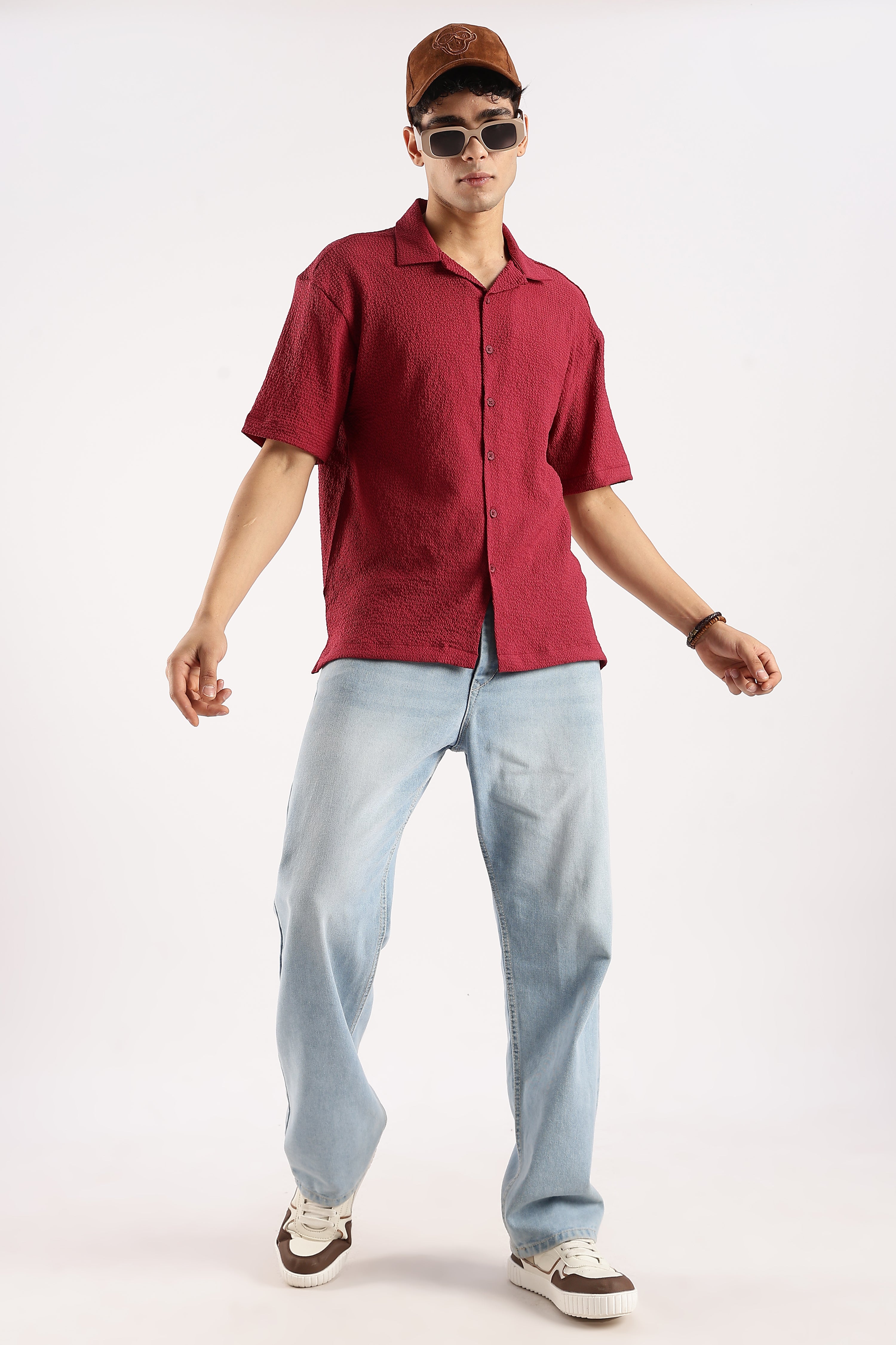 Men Red Poly Textured Shirt