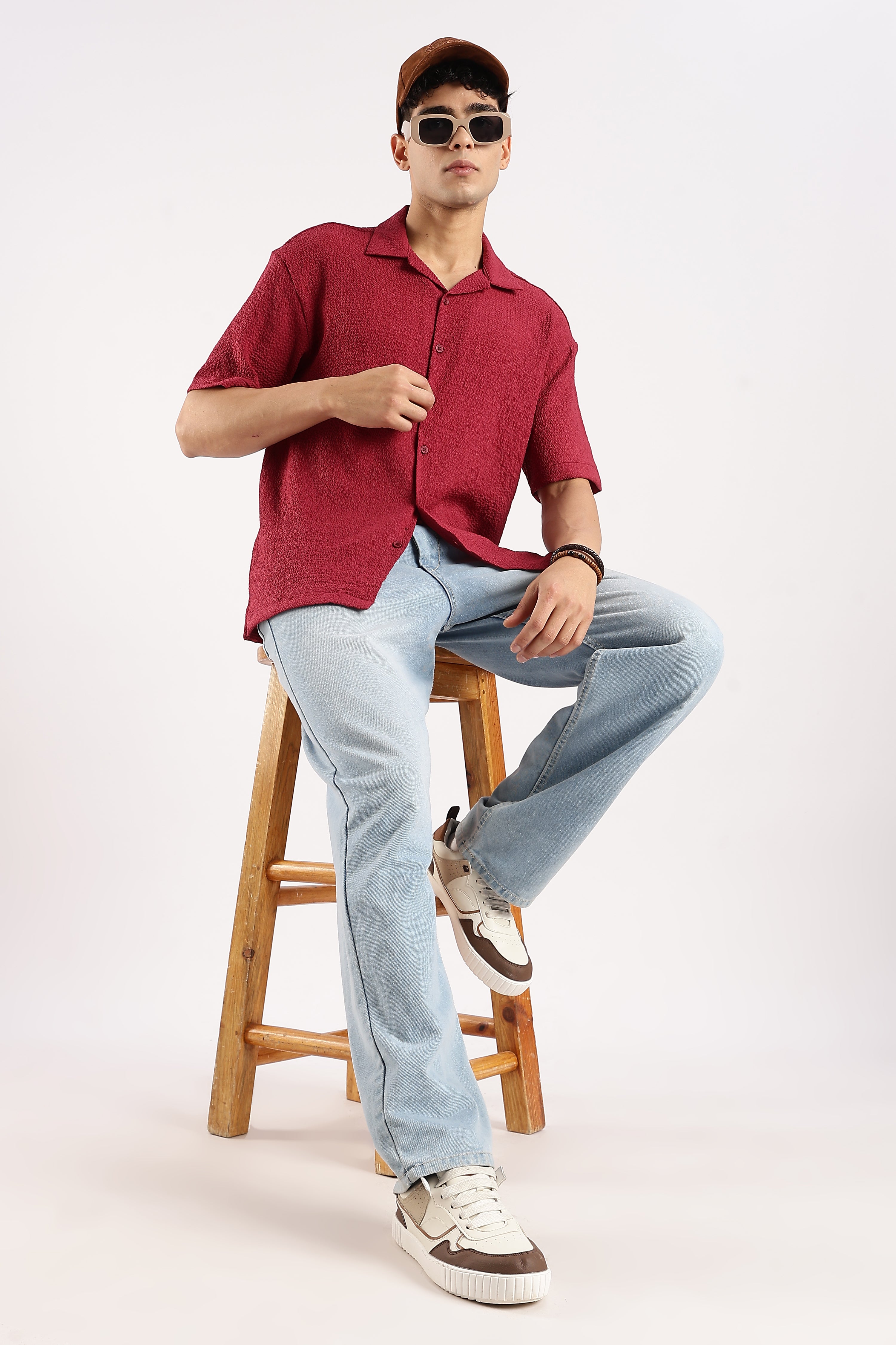 Men Red Poly Textured Shirt