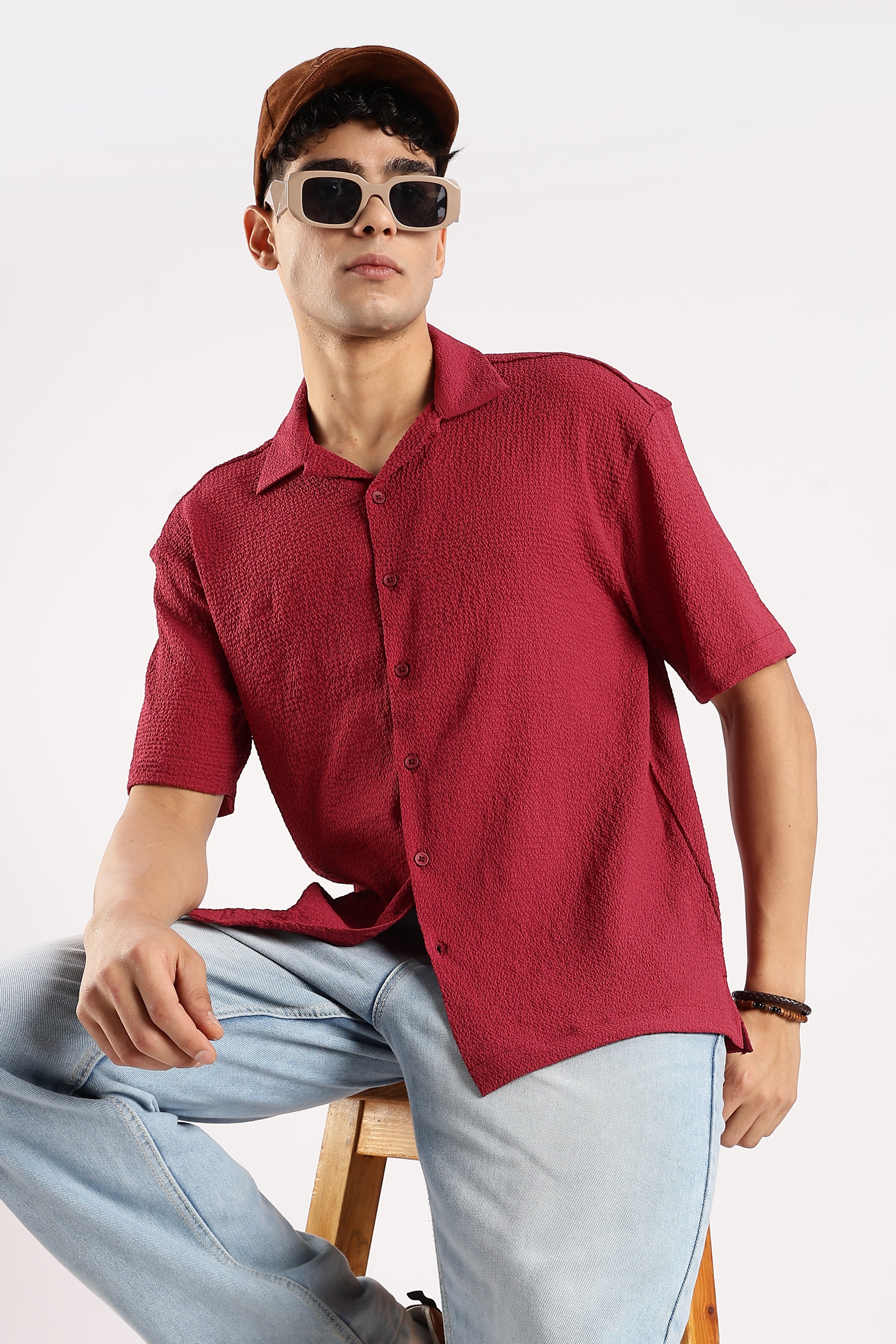 Men Red Poly Textured Shirt