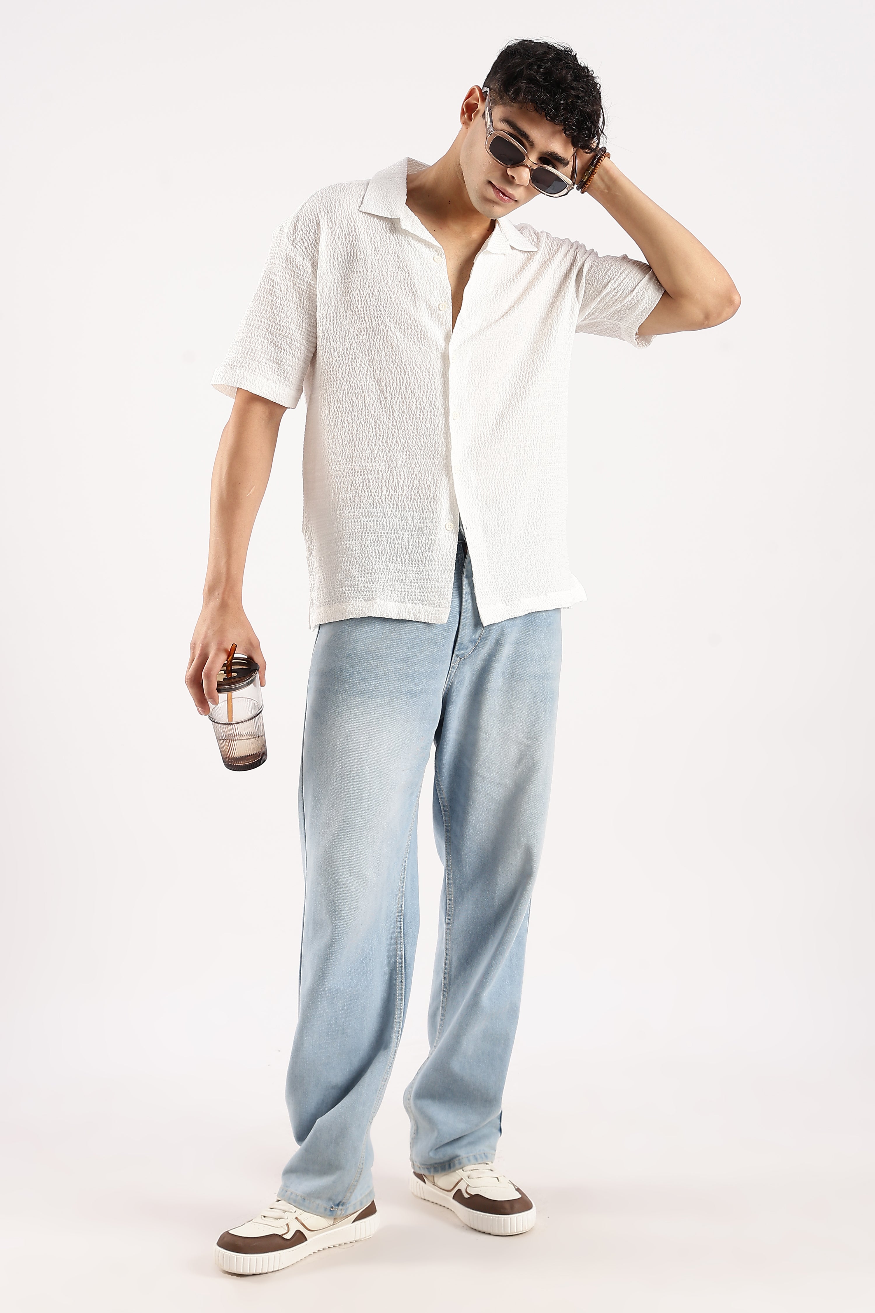 Men White Poly Textured Shirt