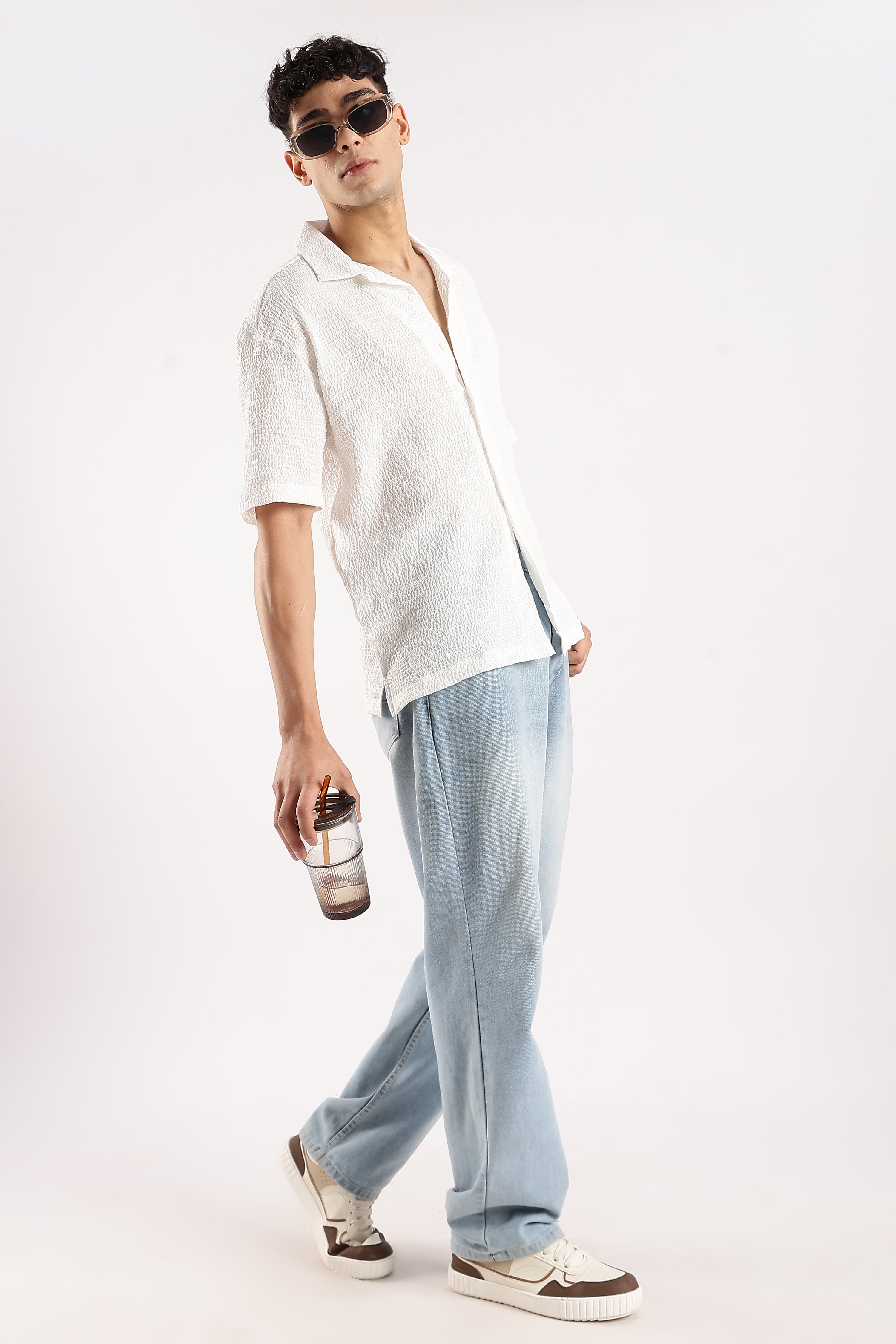 Men White Poly Textured Shirt
