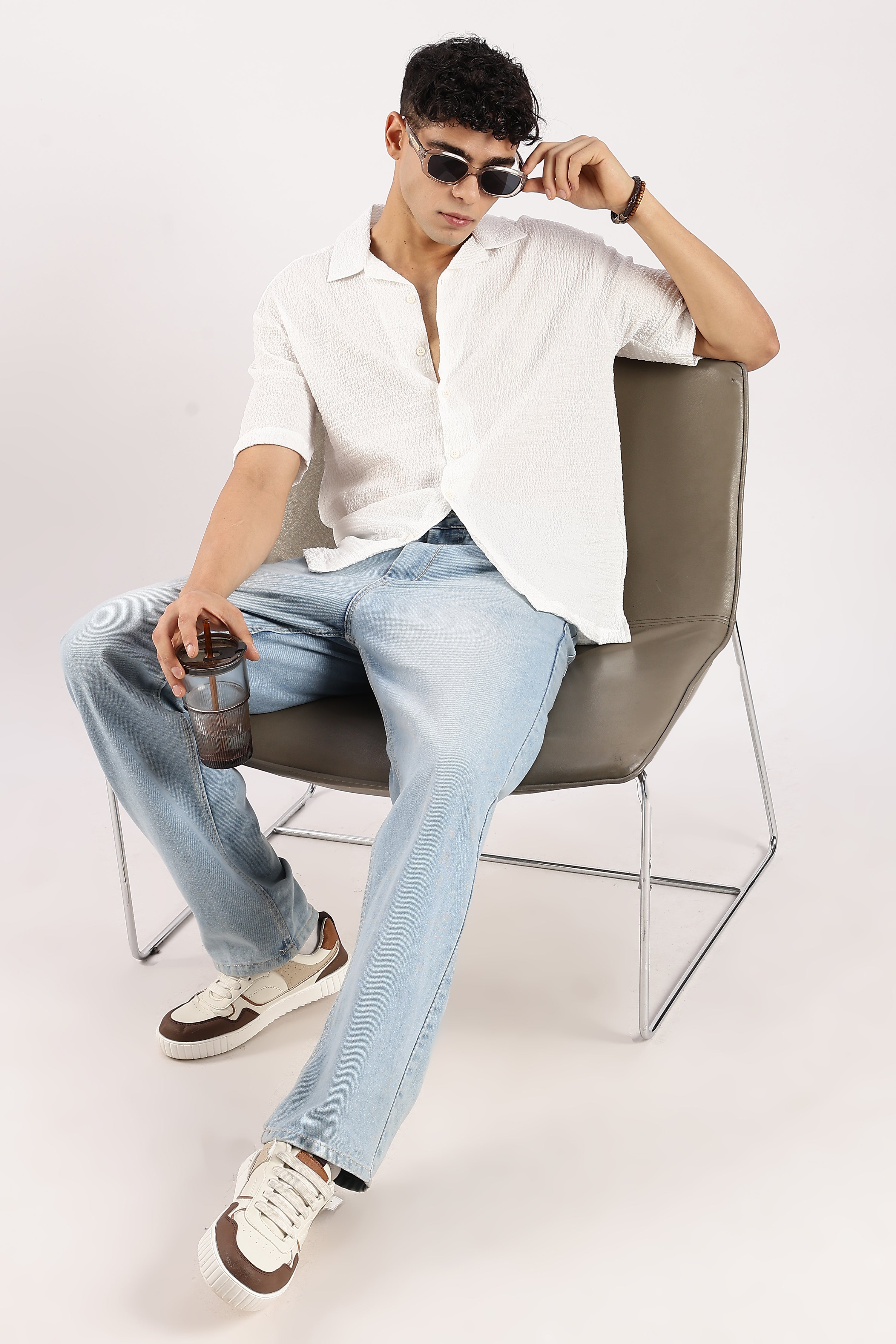 Men White Poly Textured Shirt