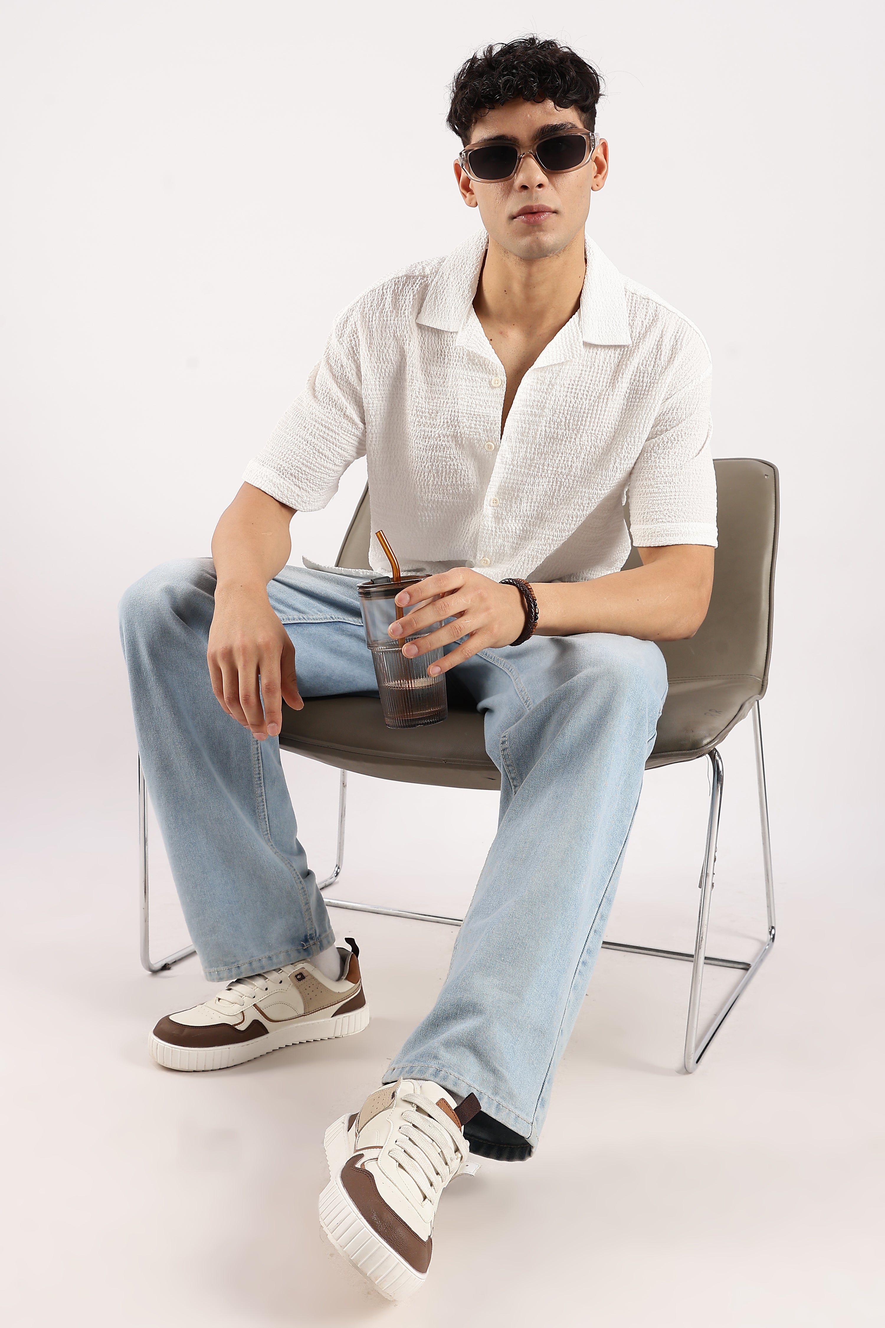 Men White Poly Textured Shirt
