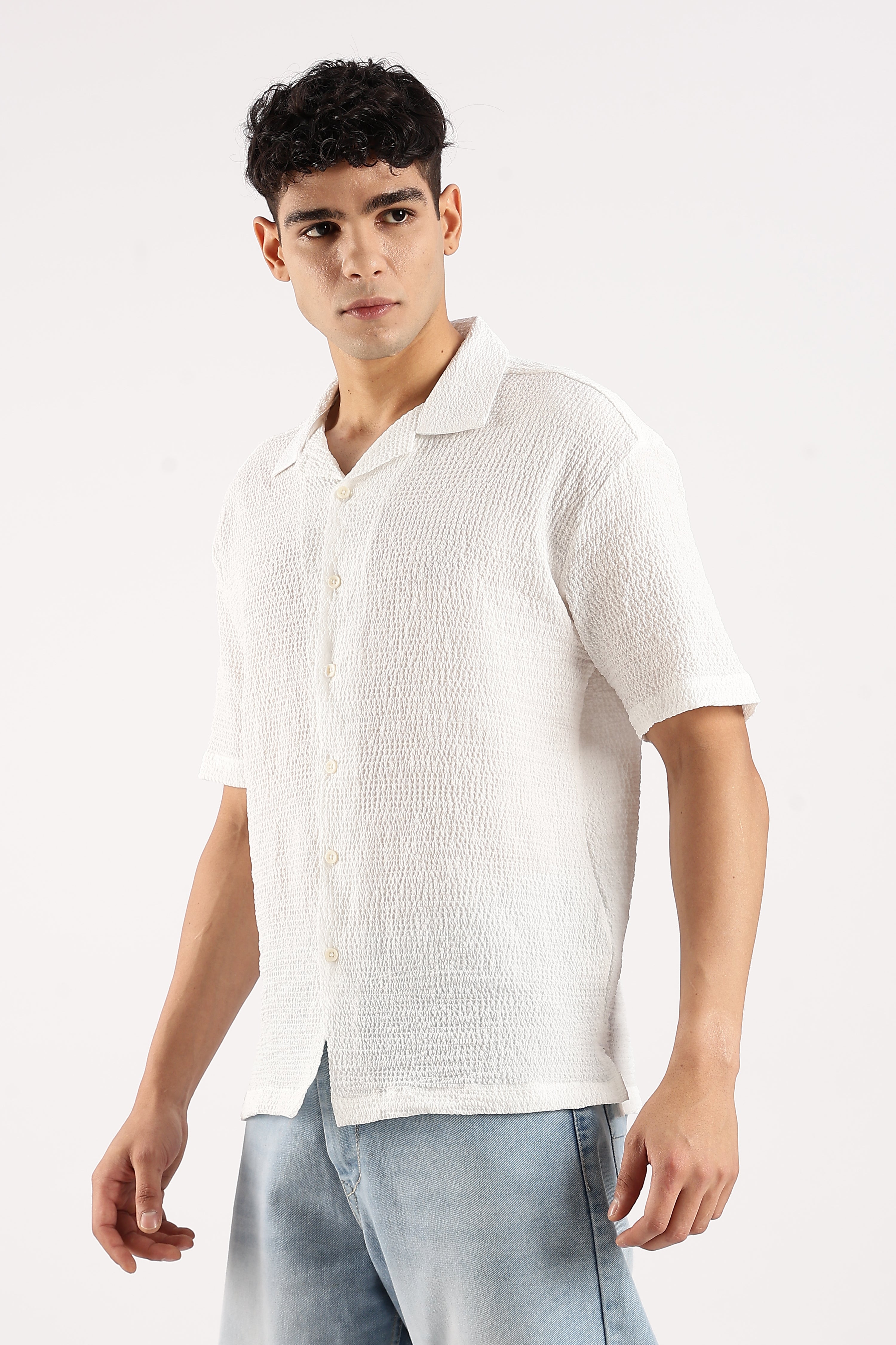 Men White Poly Textured Shirt