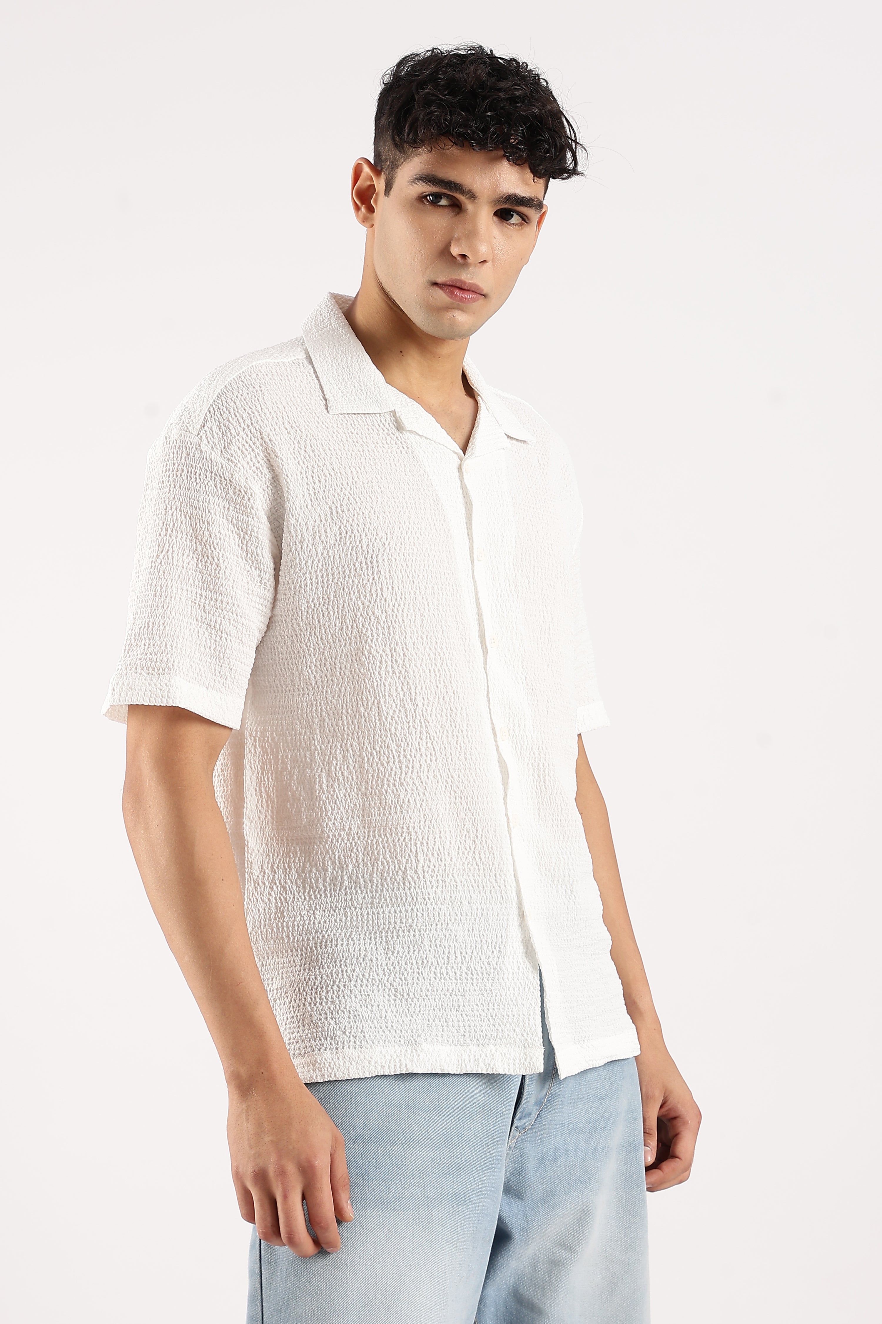 Men White Poly Textured Shirt