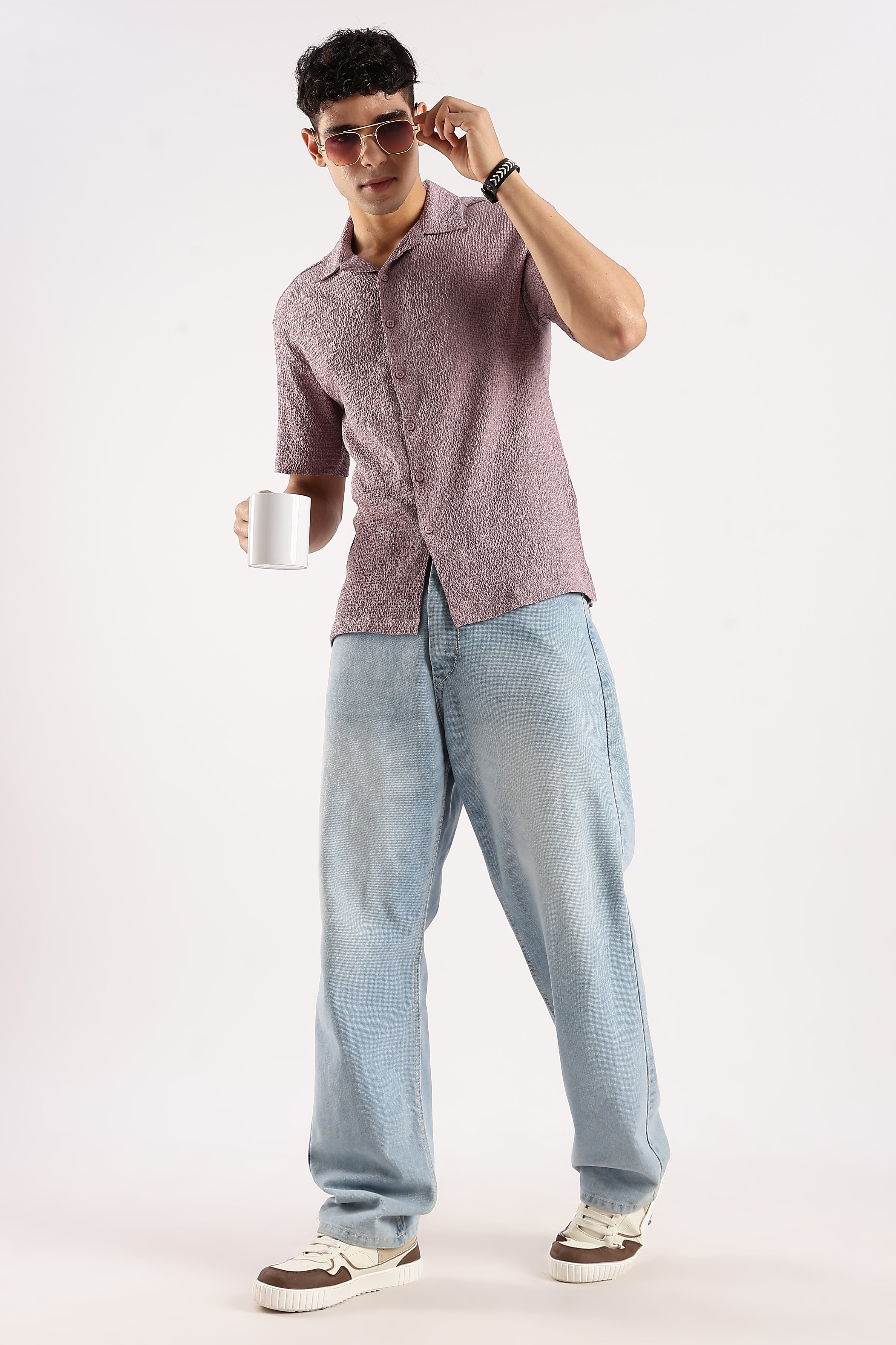 Men Lavender Poly Textured Shirt