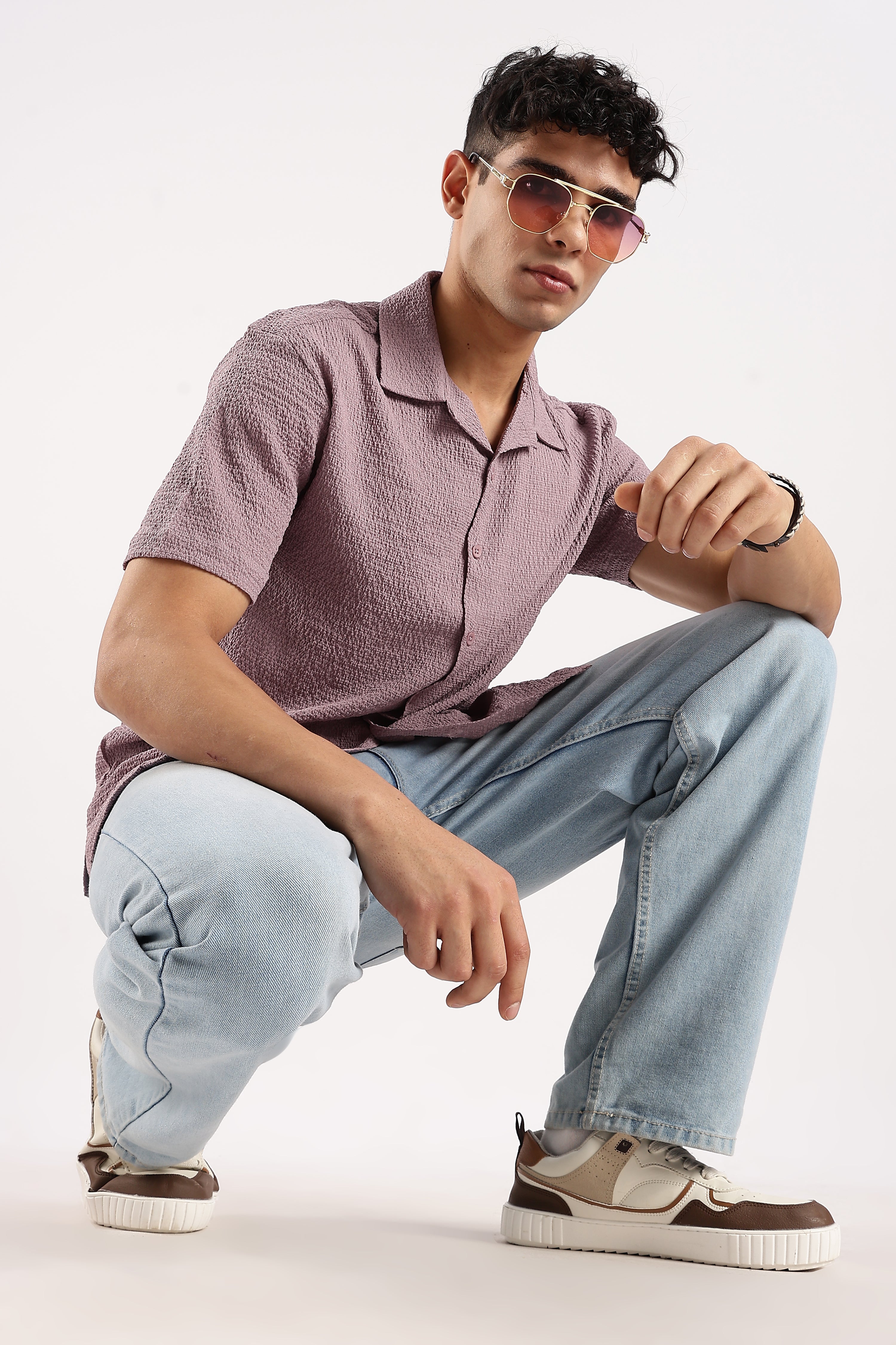 Men Lavender Poly Textured Shirt