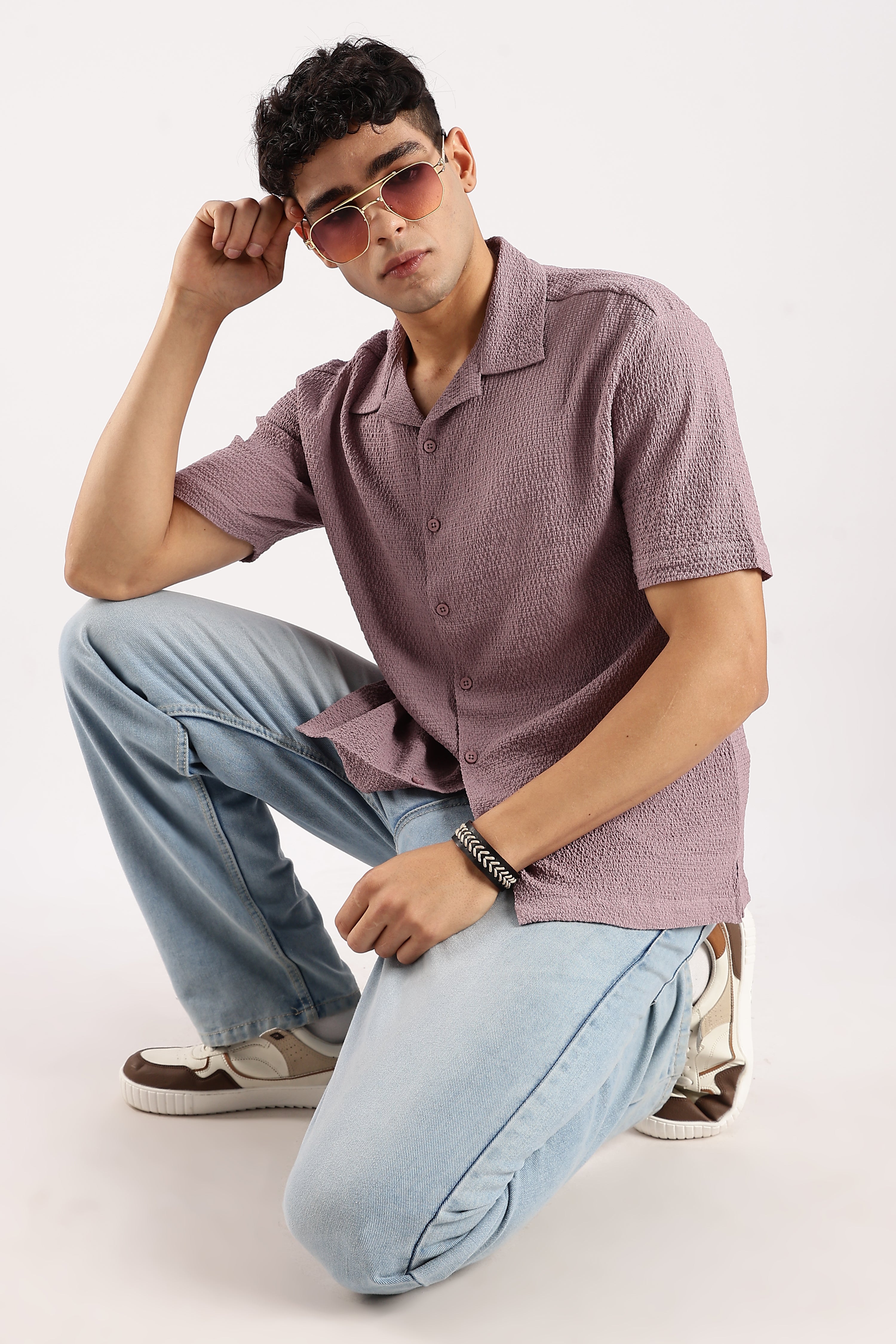 Men Lavender Poly Textured Shirt