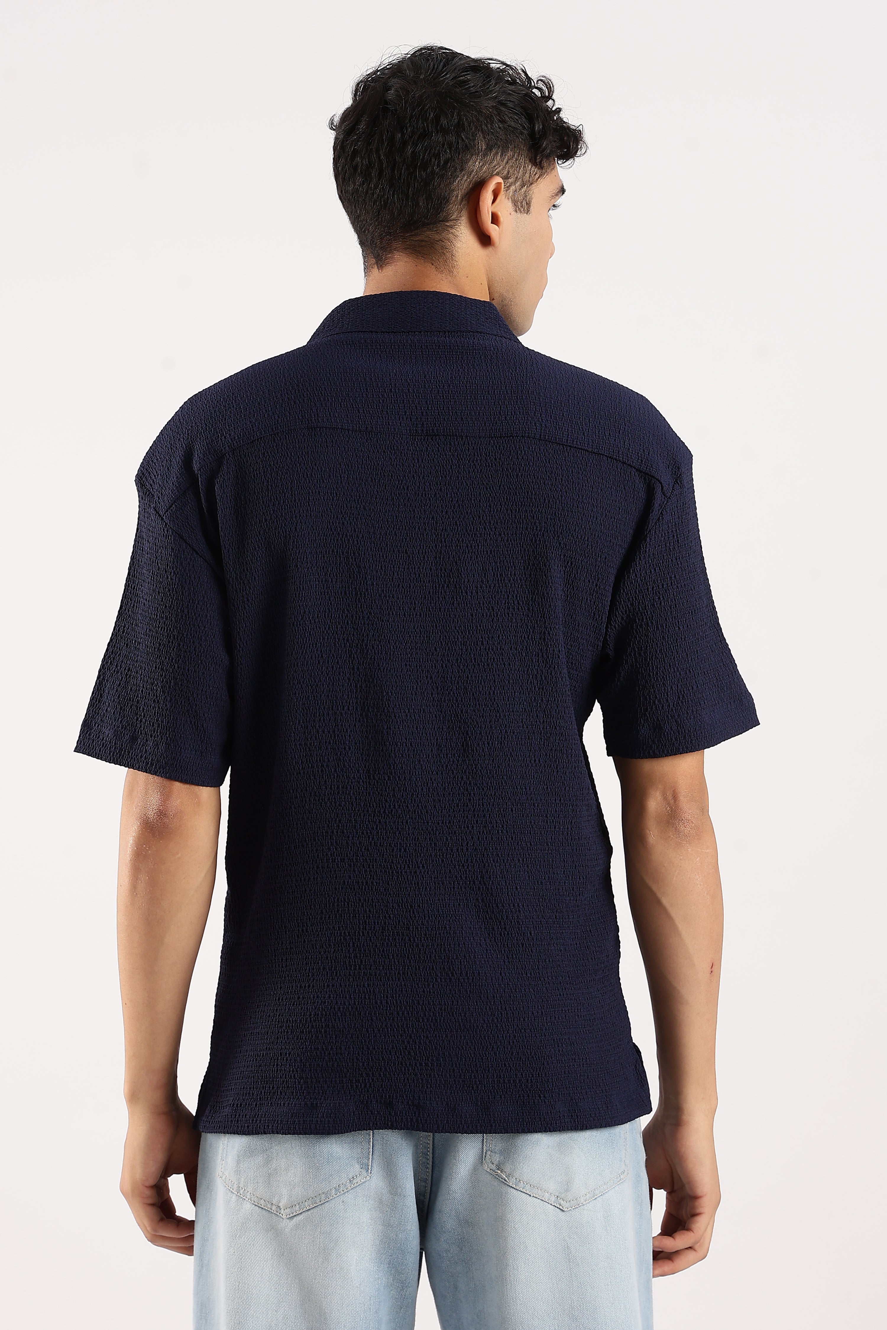 Men Navy Blue Poly Textured Shirt