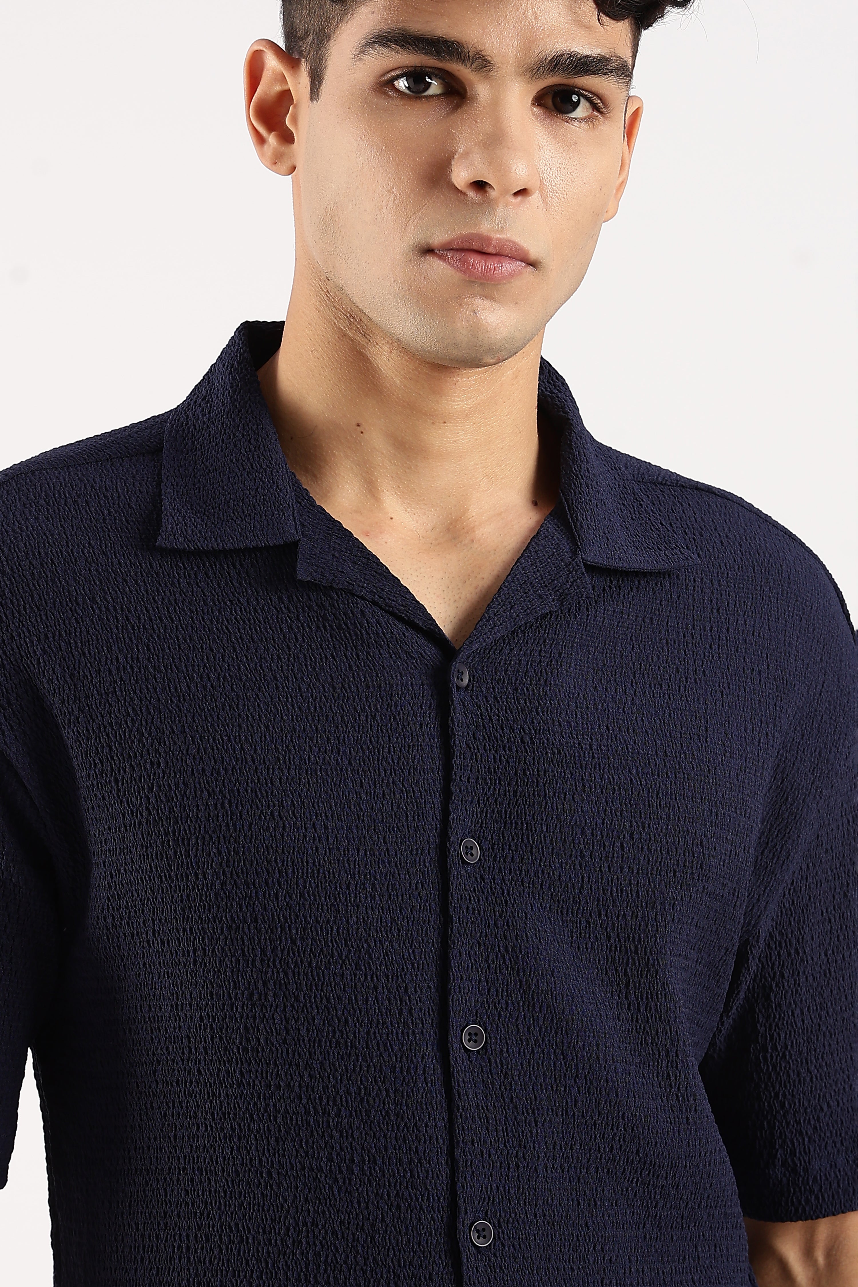 Men Navy Blue Poly Textured Shirt